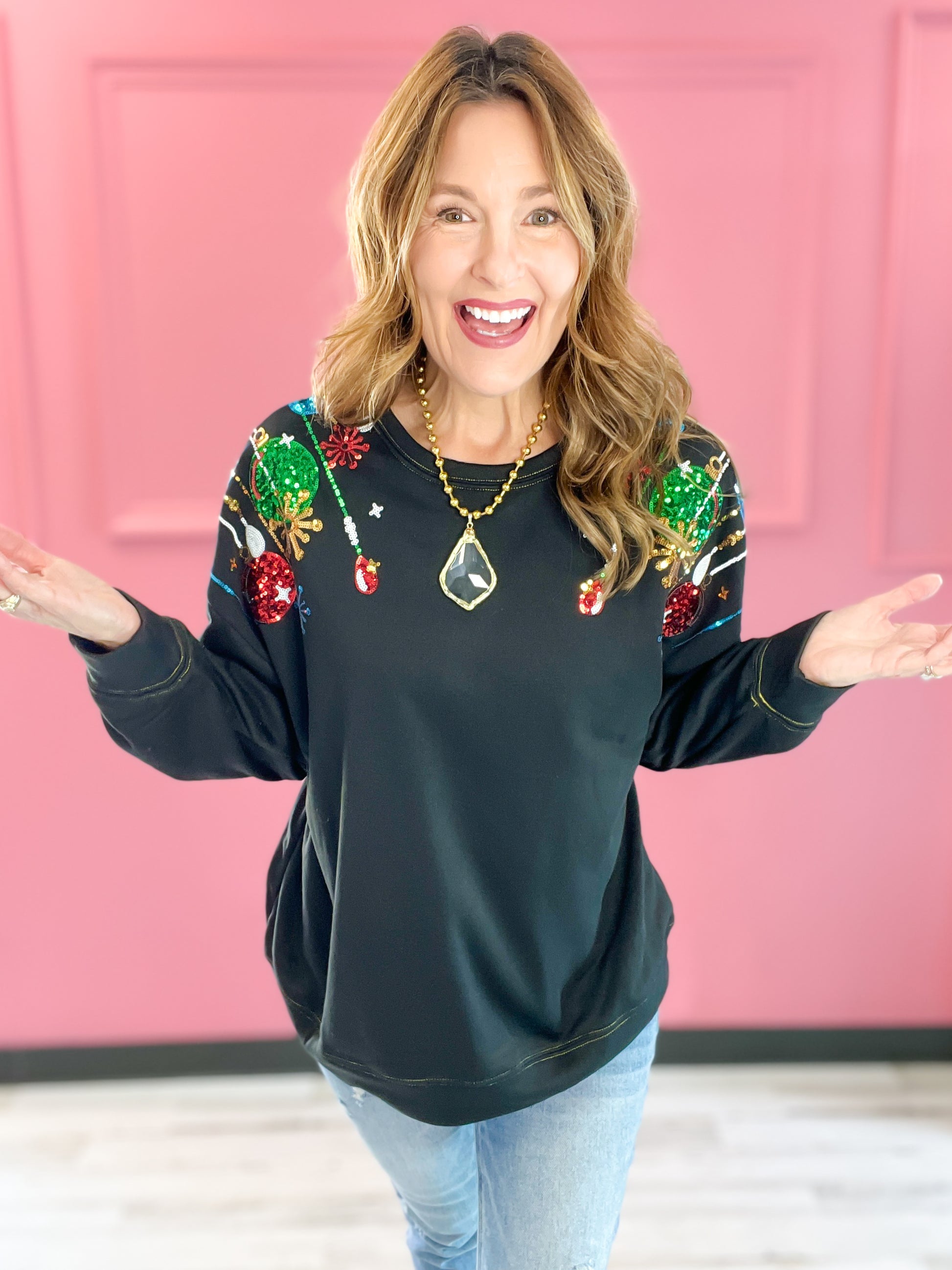 Holiday Sequin Christmas Balls Embroidered Sweatshirt