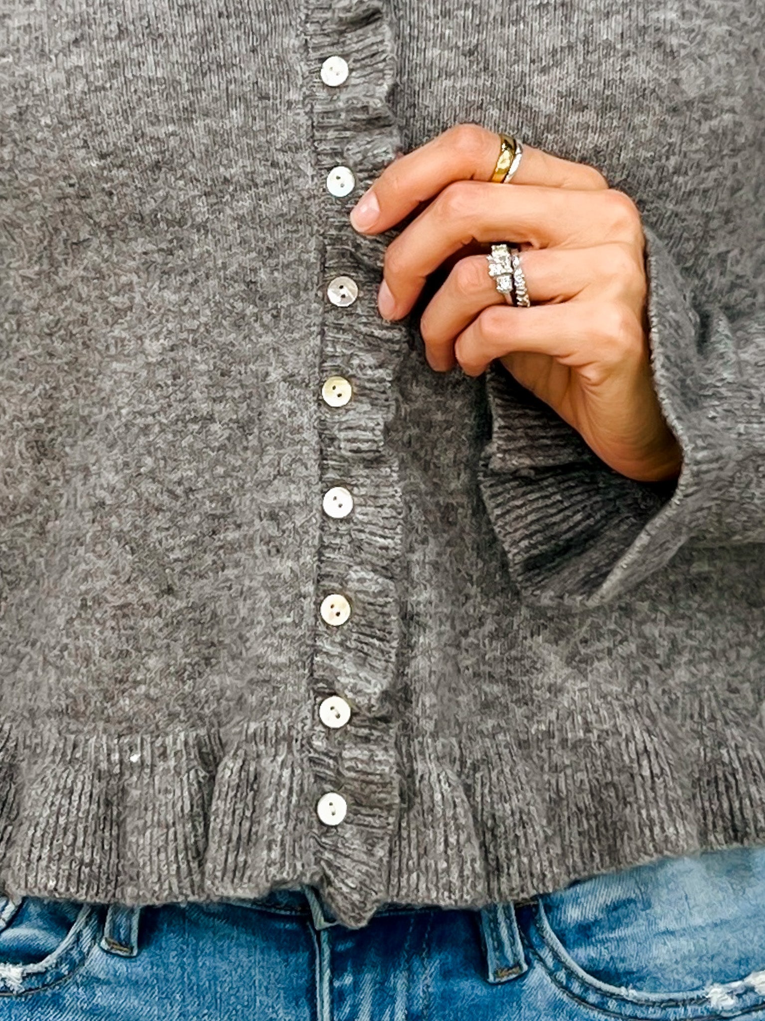 Long Sleeve Knit Button Down Top With Ruffle Hem