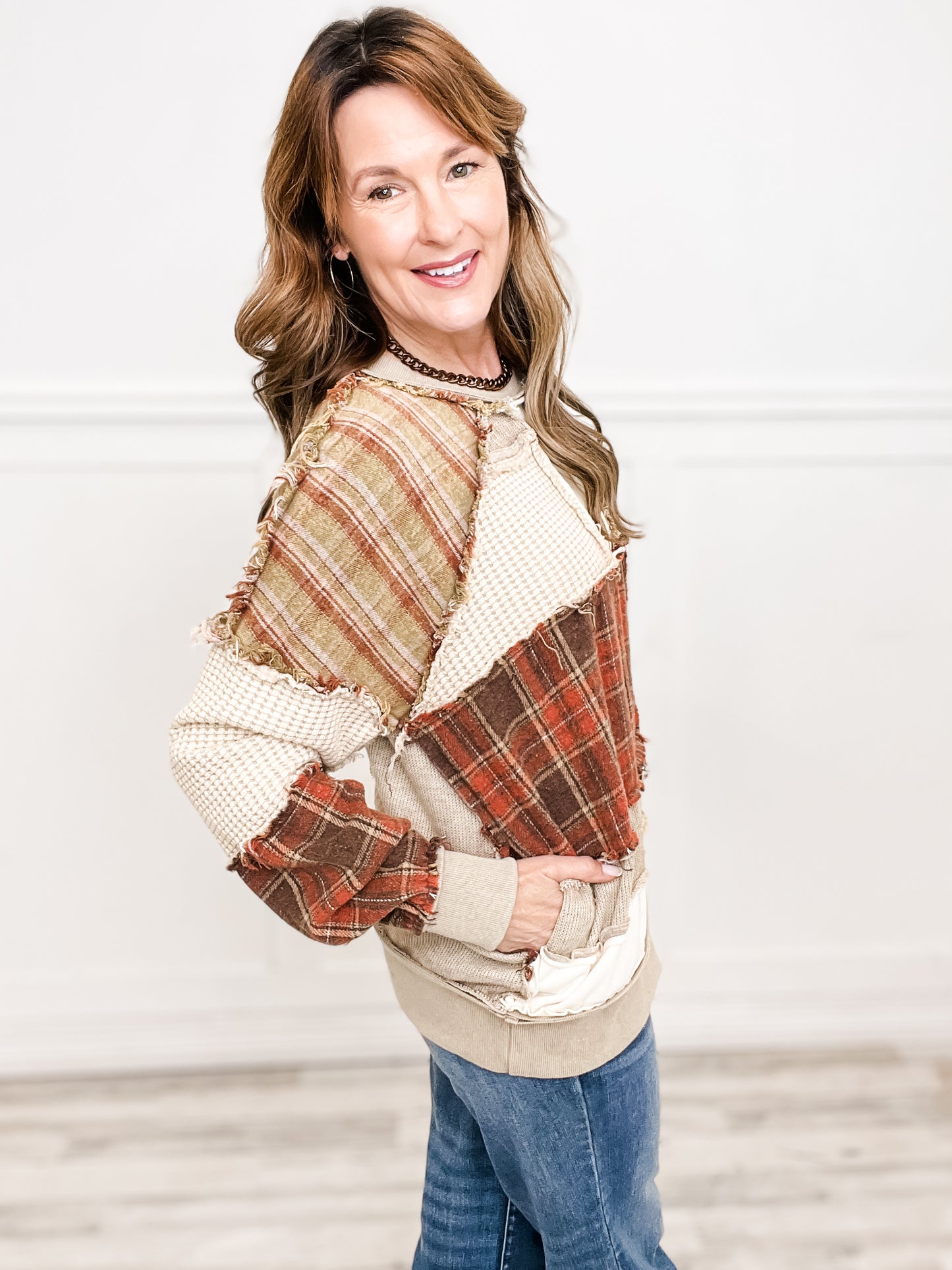 Washed Plaid Mix Patchwork Top