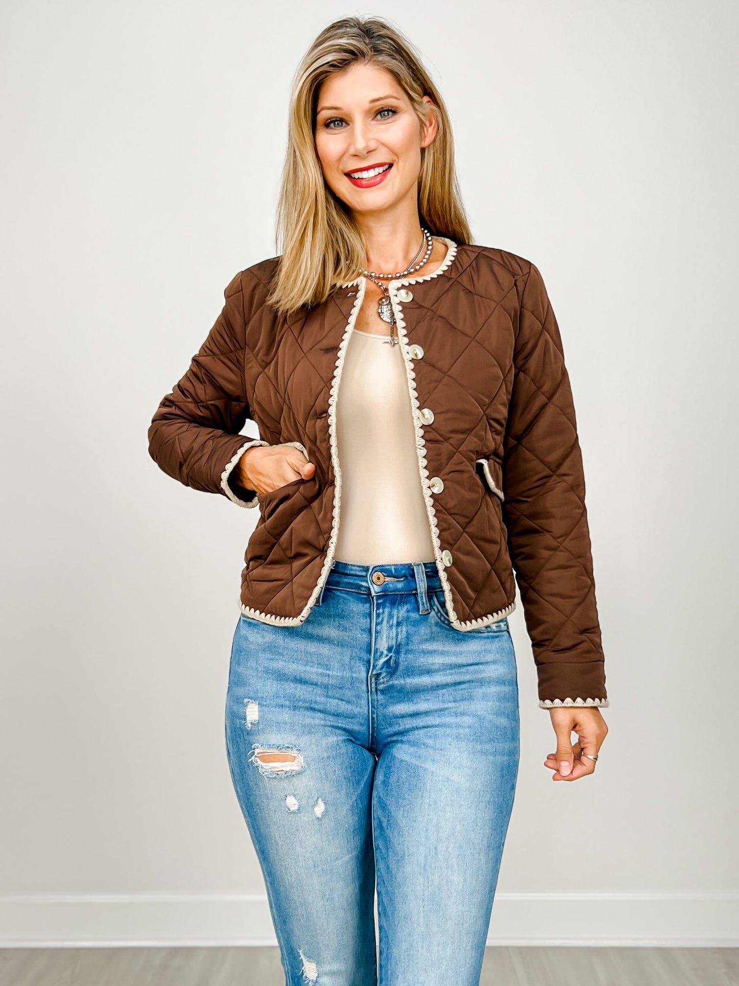 Quilted Solid Knit Button Front Jacket