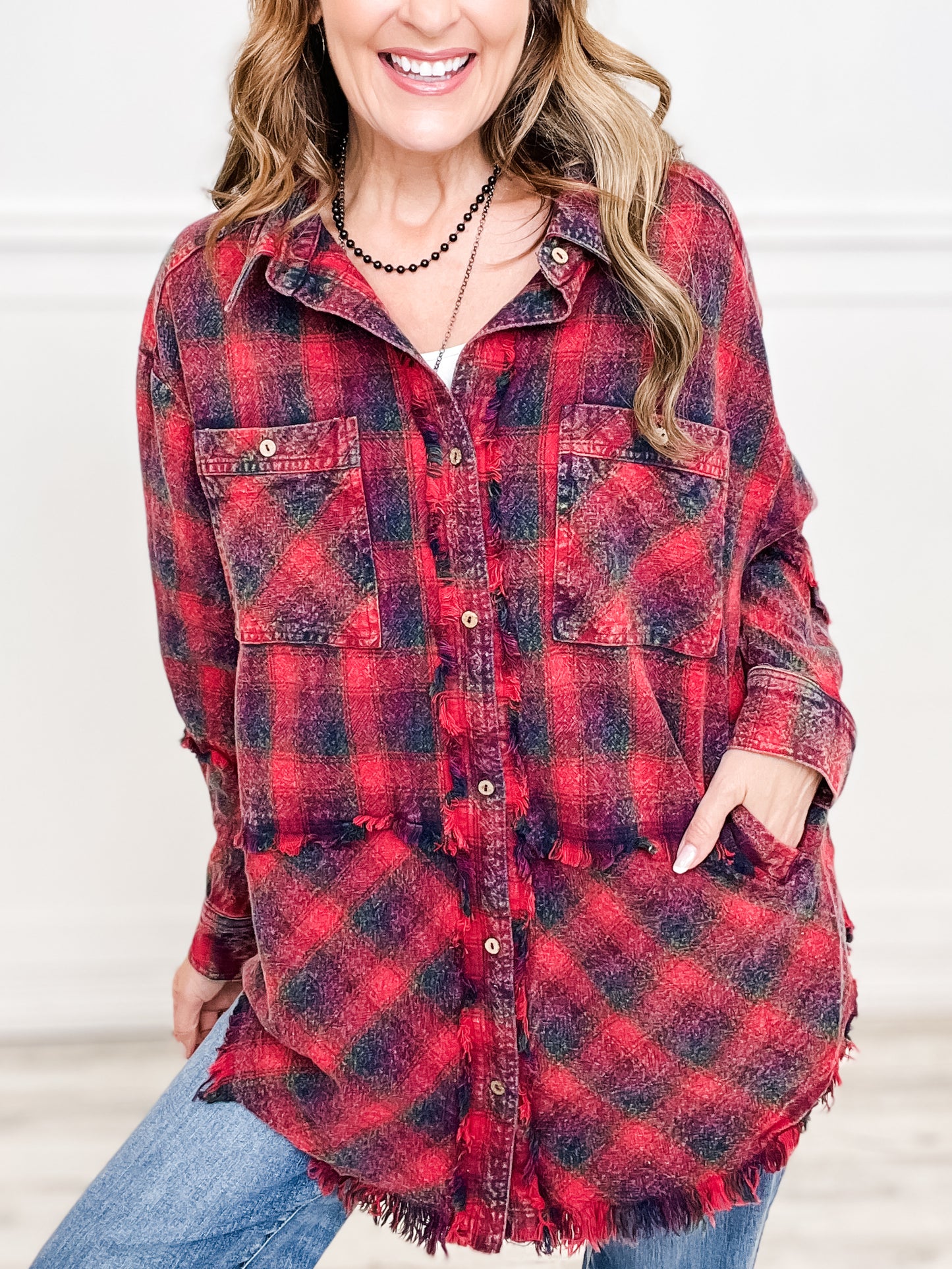 Mineral Washed Button Down Plaid Top