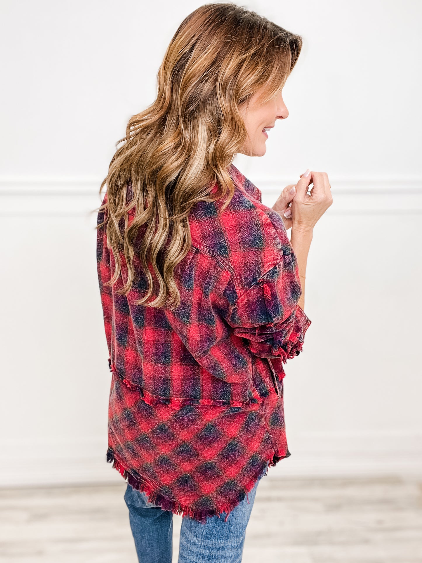 Mineral Washed Button Down Plaid Top