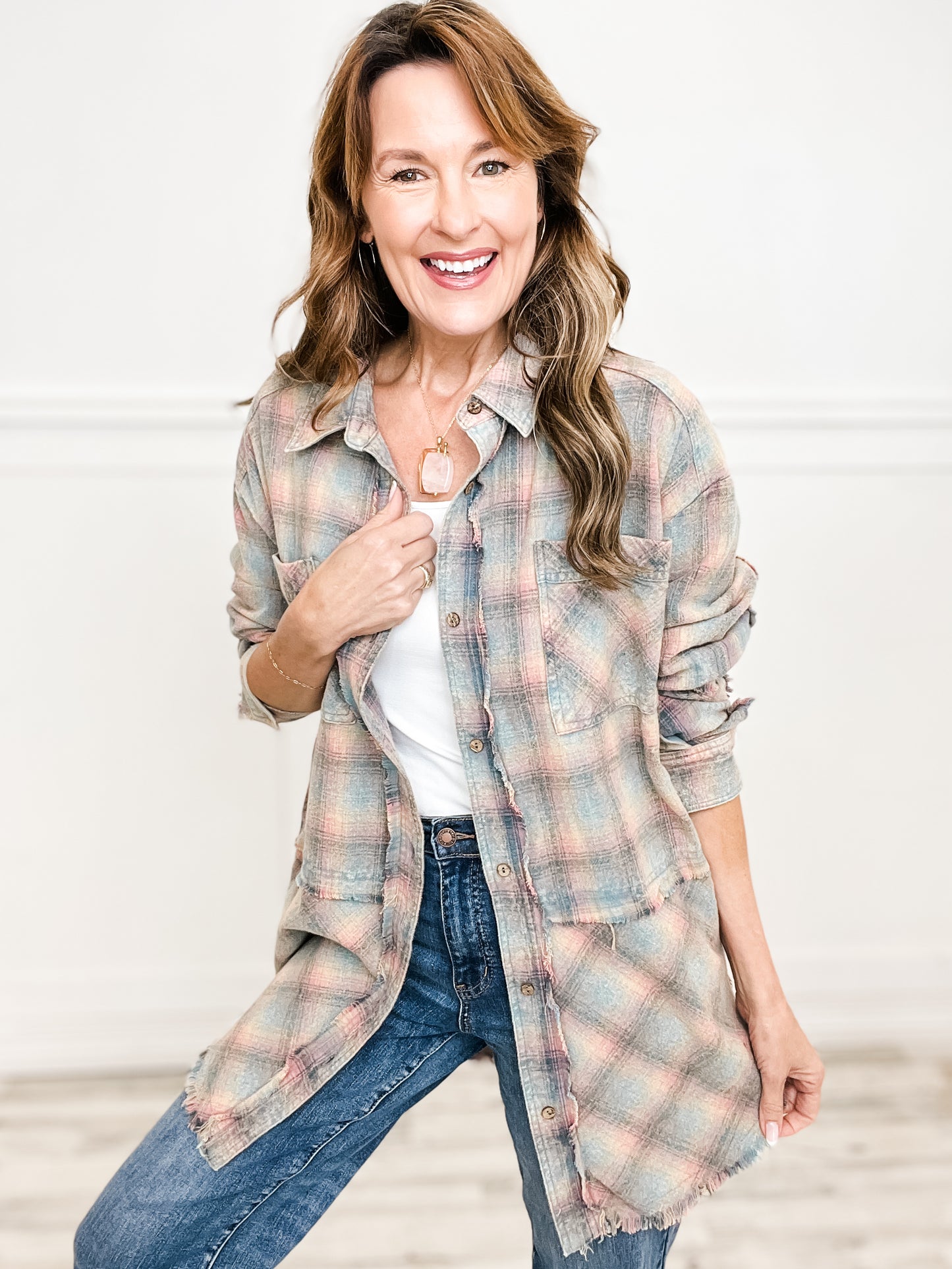 Mineral Washed Button Down Plaid Top