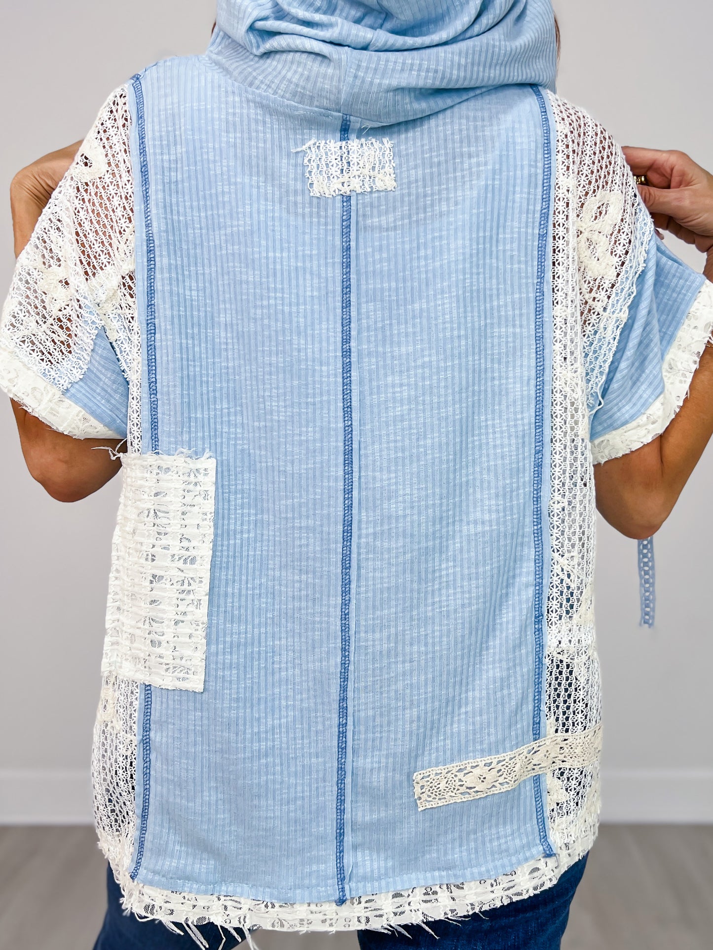 Short Sleeve Over Sized V-Neck Hoodie Top