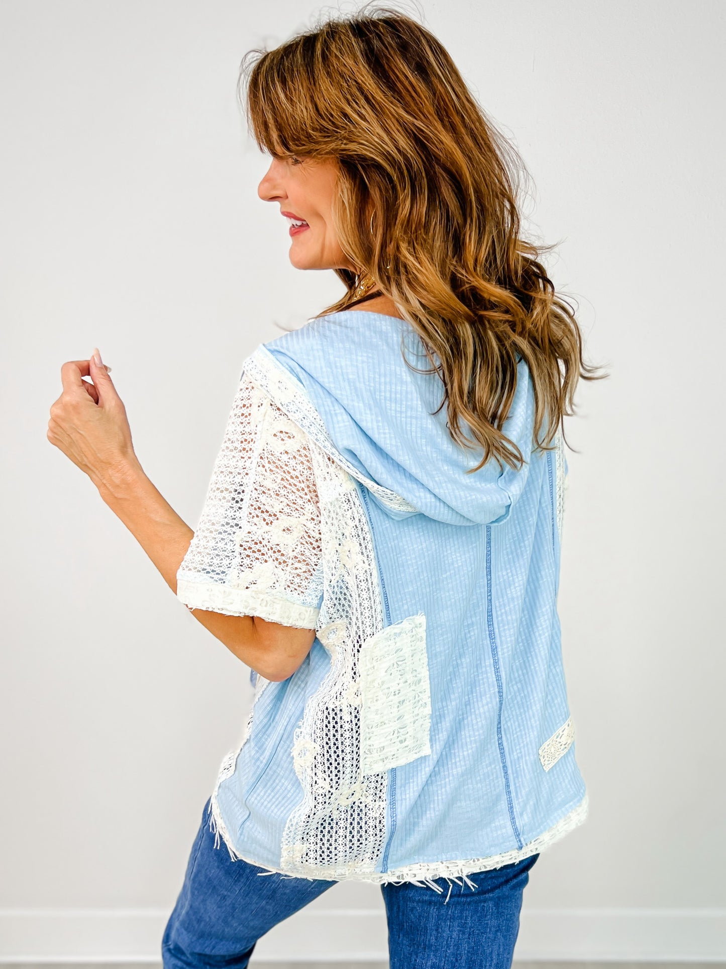 Short Sleeve Over Sized V-Neck Hoodie Top
