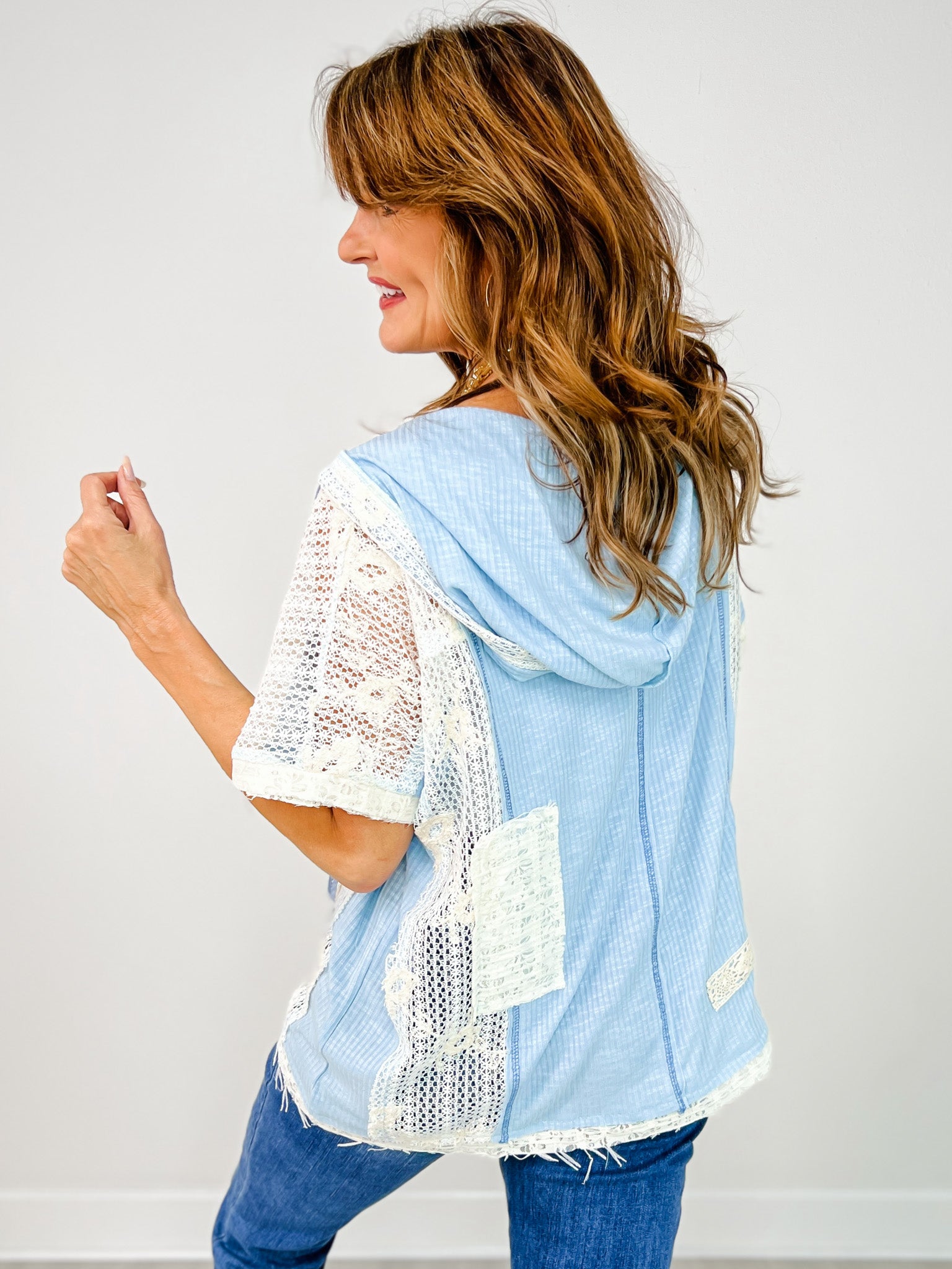 Short Sleeve Over Sized V-Neck Hoodie Top