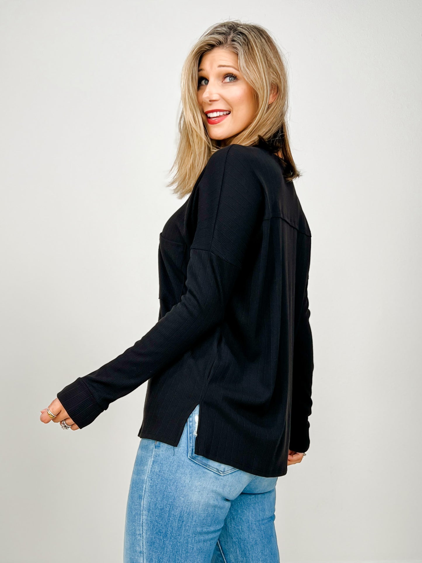 With You Textured Long Sleeve Knit Top with Pocket