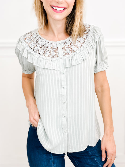 Fall In Love With A Dream Crochet Trim Puff Sleeve Button Down Top