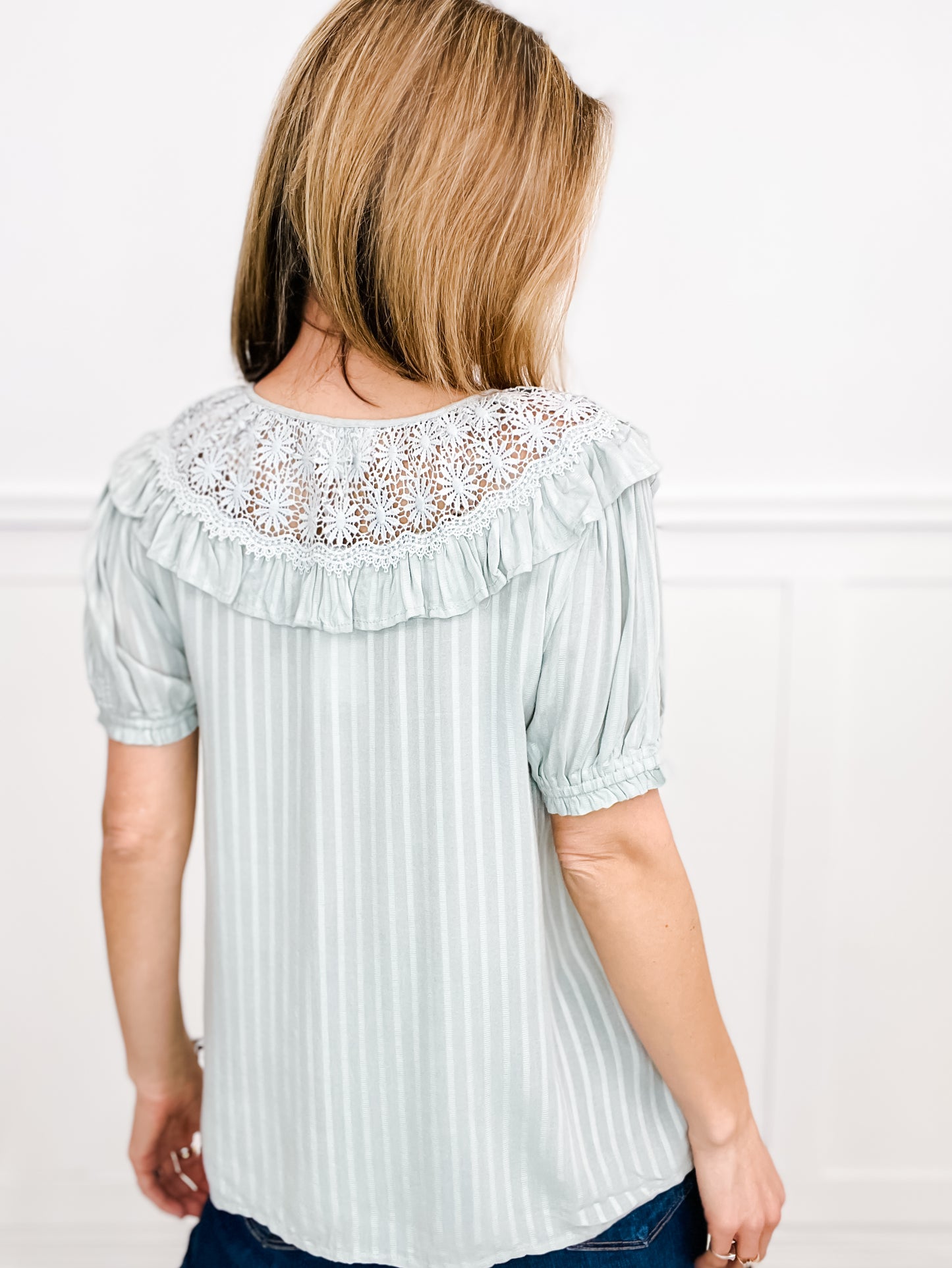 Fall In Love With A Dream Crochet Trim Puff Sleeve Button Down Top