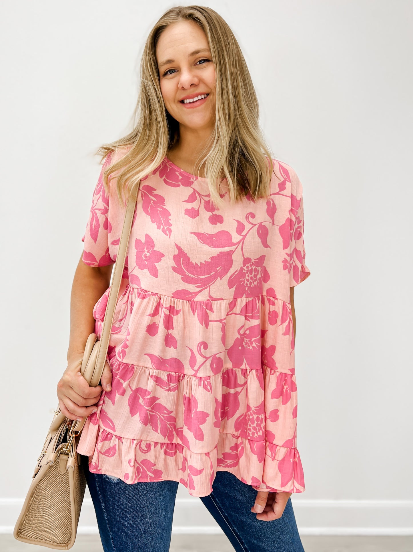 Short Sleeve Printed Beach Blossom Babydoll Tunic