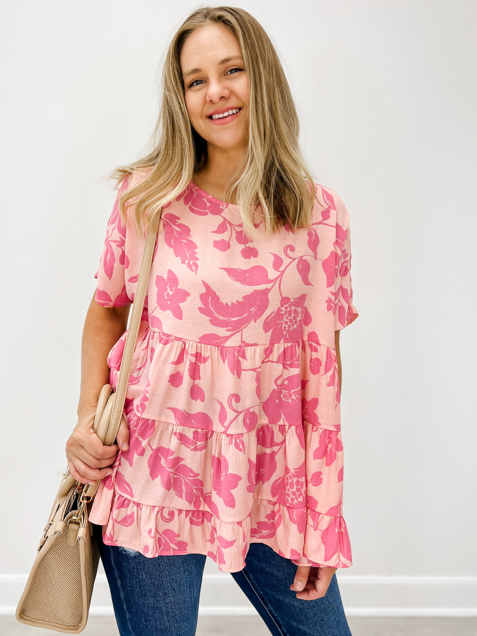 Short Sleeve Printed Beach Blossom Babydoll Tunic