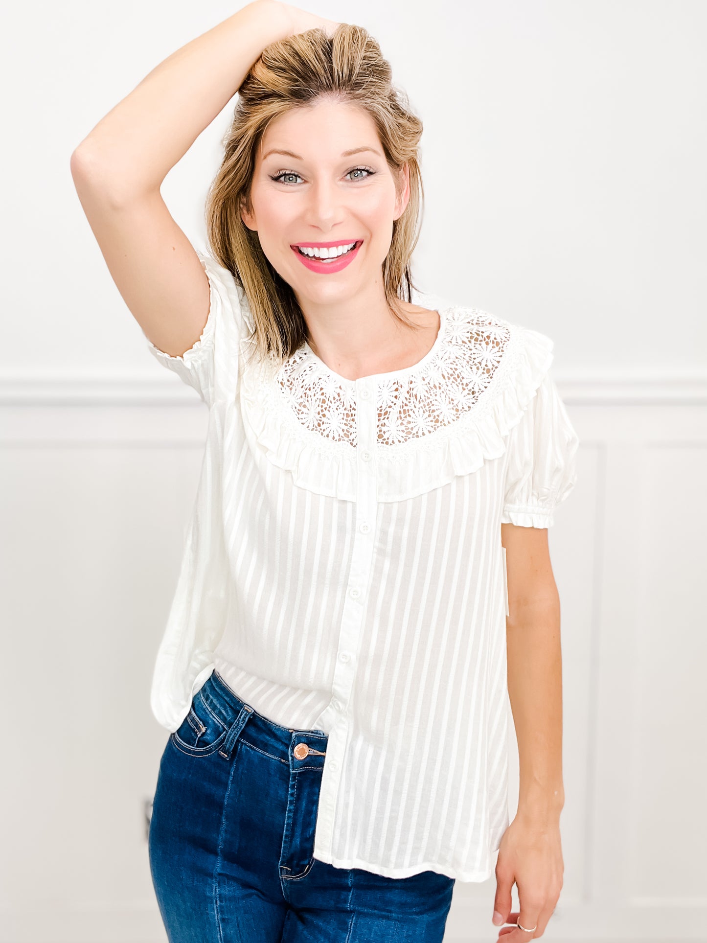 Fall In Love With A Dream Crochet Trim Puff Sleeve Button Down Top