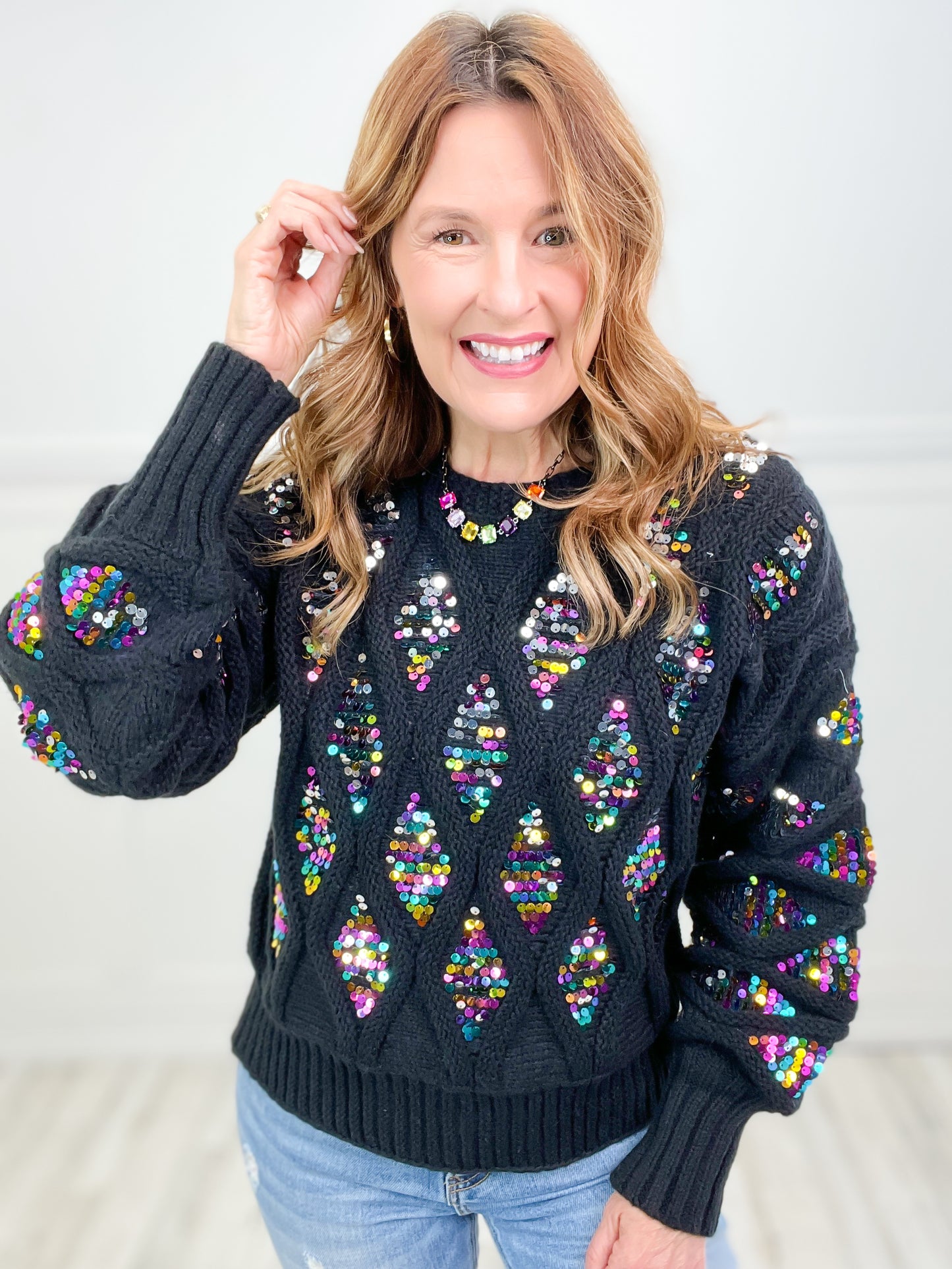 Shine Like A Diamond Sequin Cable Knit Sweater Top