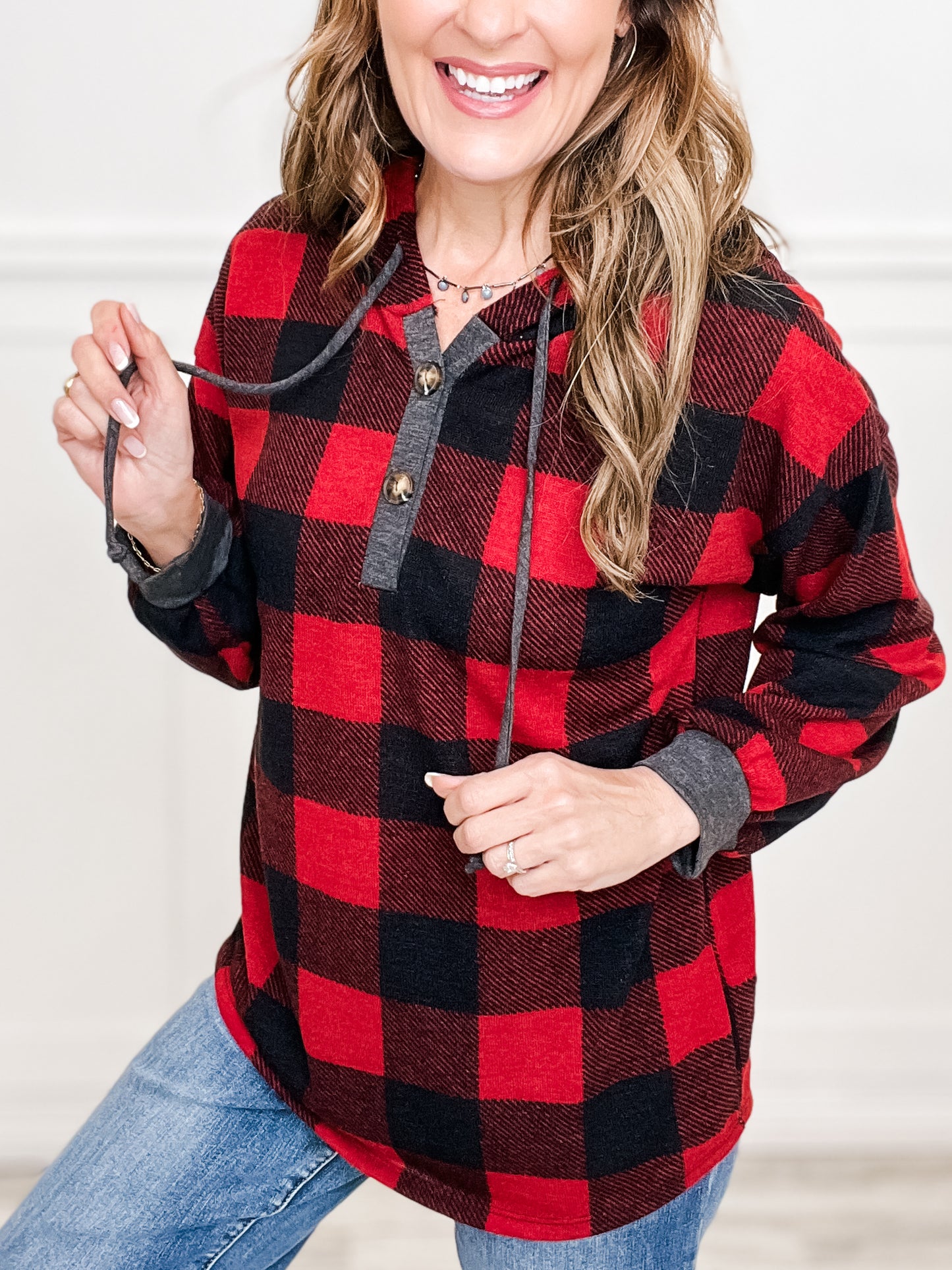 Plaid Drawstring Hoodie Top with Long Sleeves