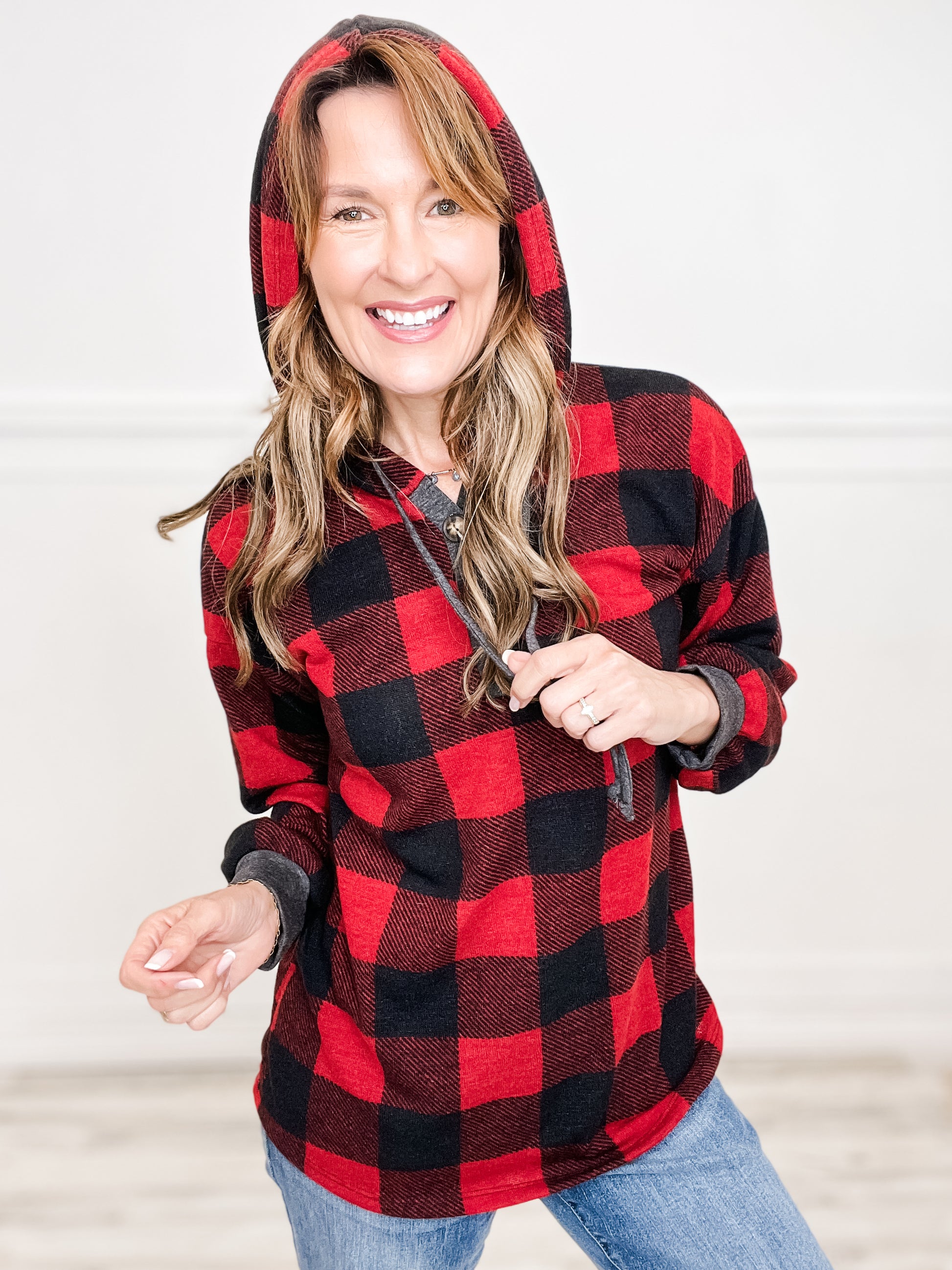 Plaid Drawstring Hoodie Top with Long Sleeves