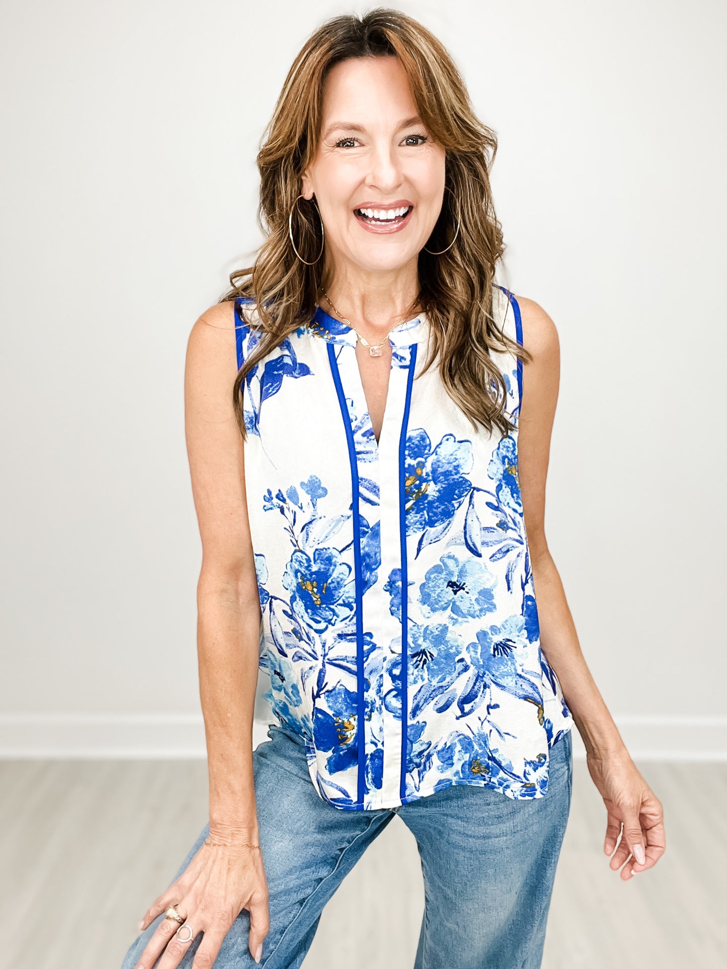 Floral Crushed Satin PJ Style Sleeveless Top