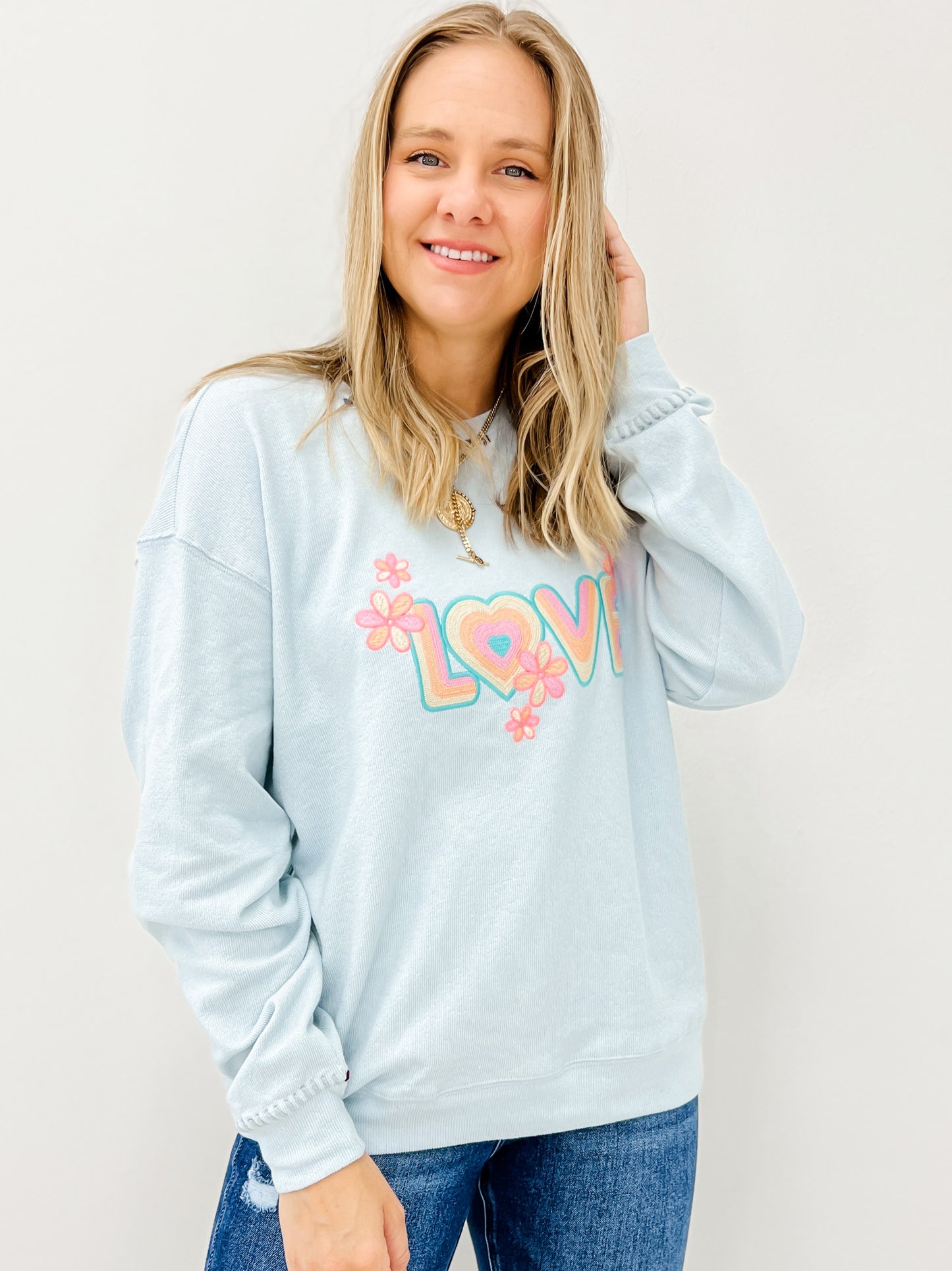 Long Sleeve Love Embroidery Pullover Top