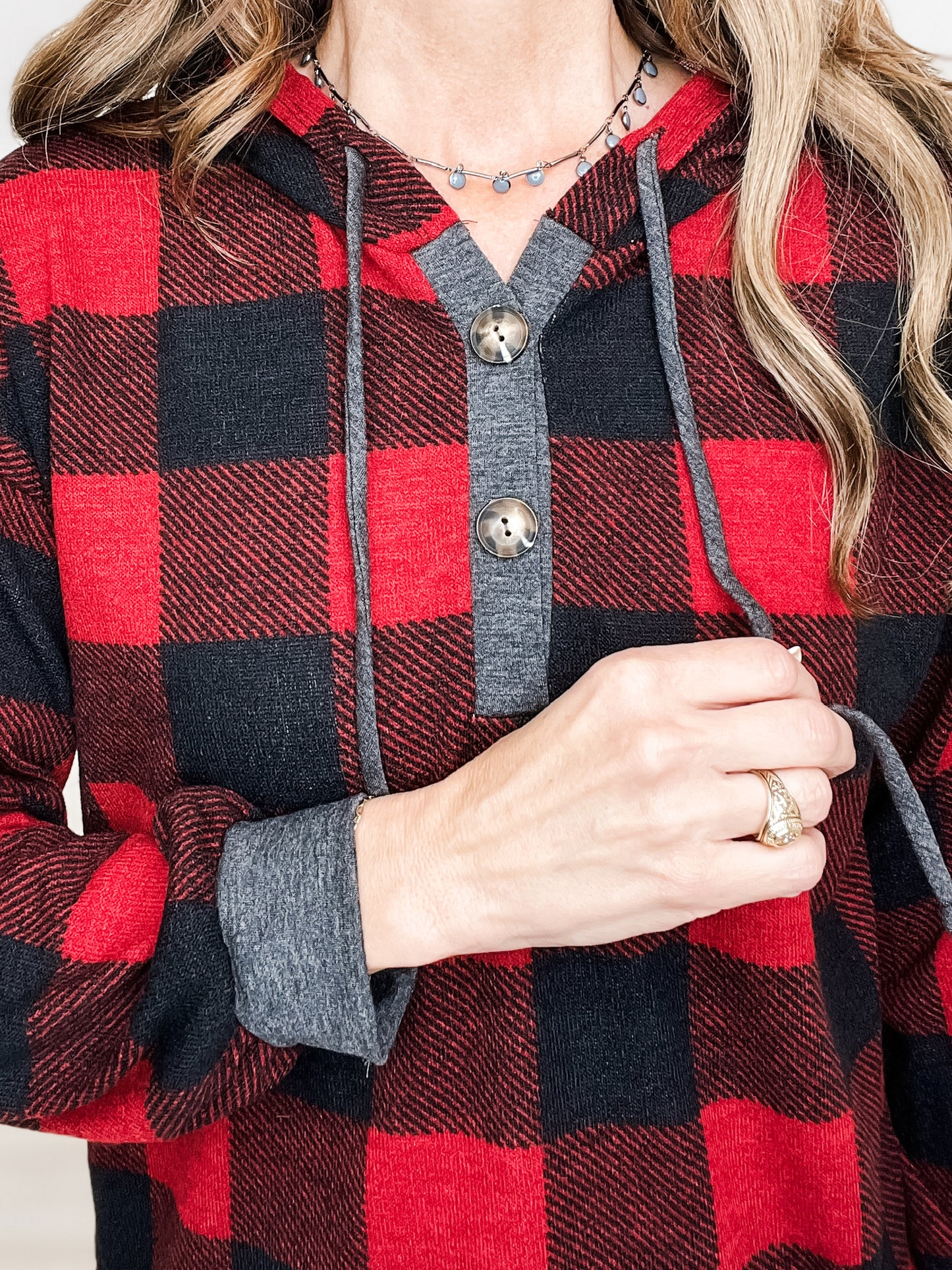 Plaid Drawstring Hoodie Top with Long Sleeves