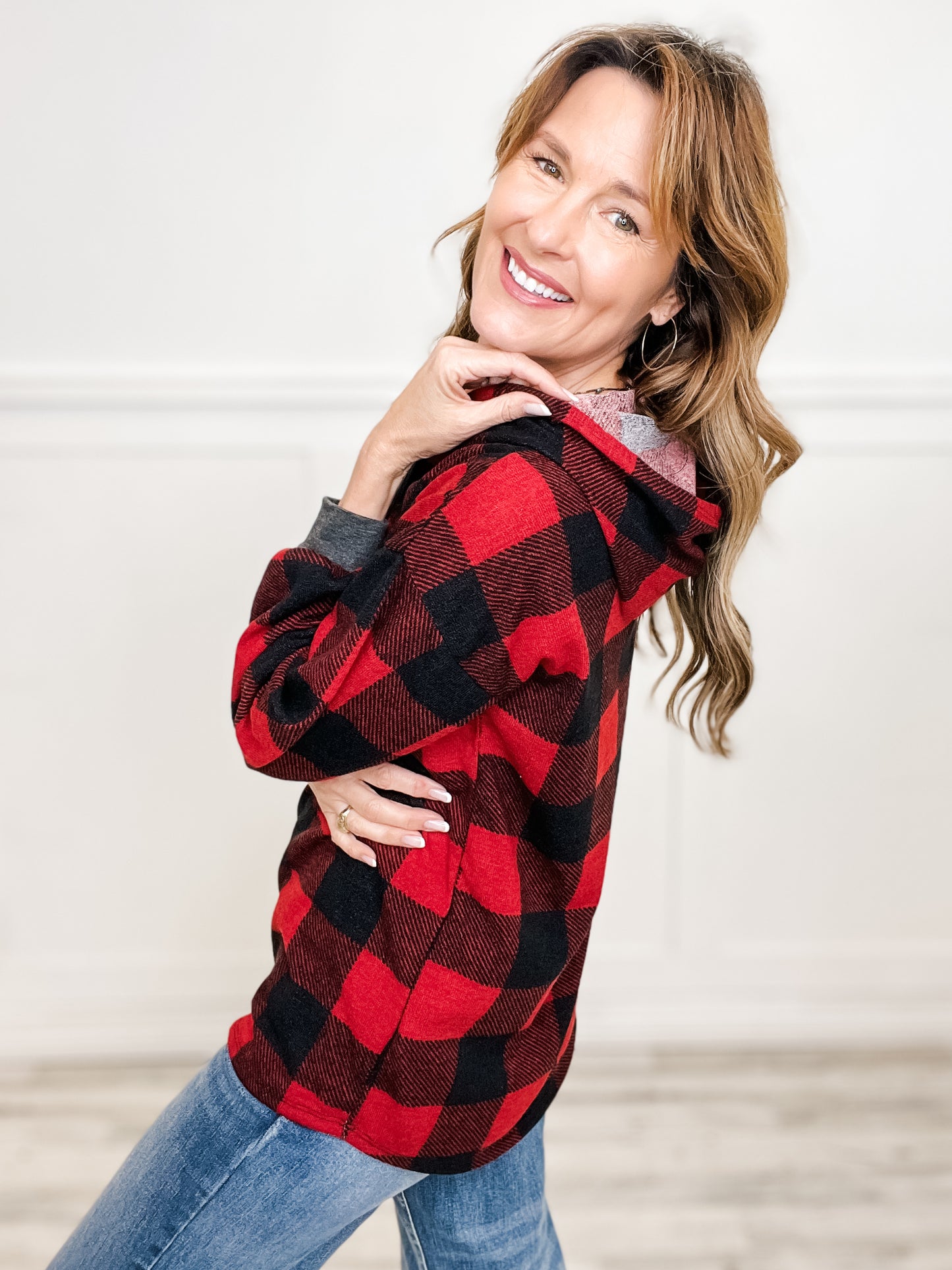 Plaid Drawstring Hoodie Top with Long Sleeves