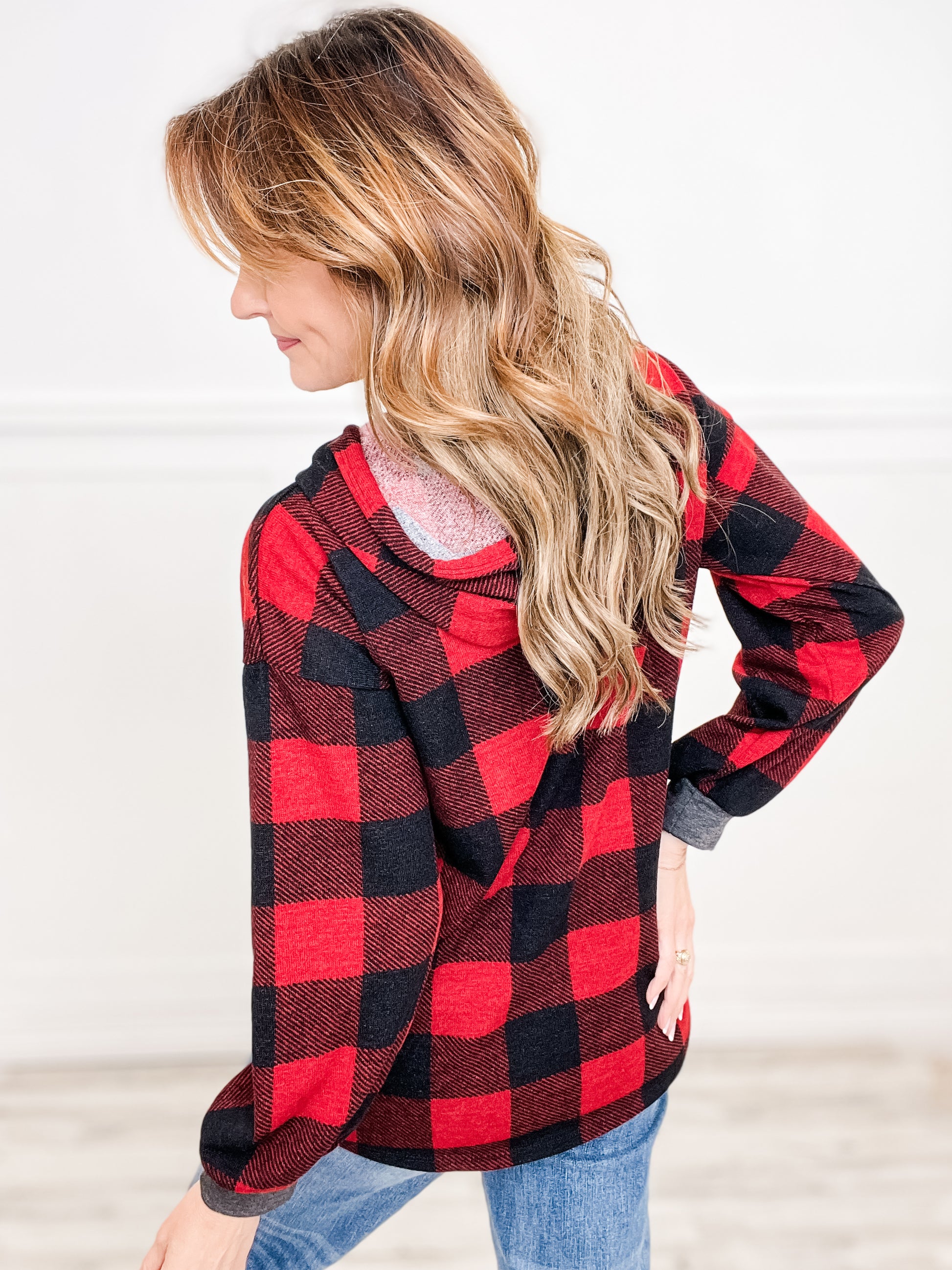Plaid Drawstring Hoodie Top with Long Sleeves