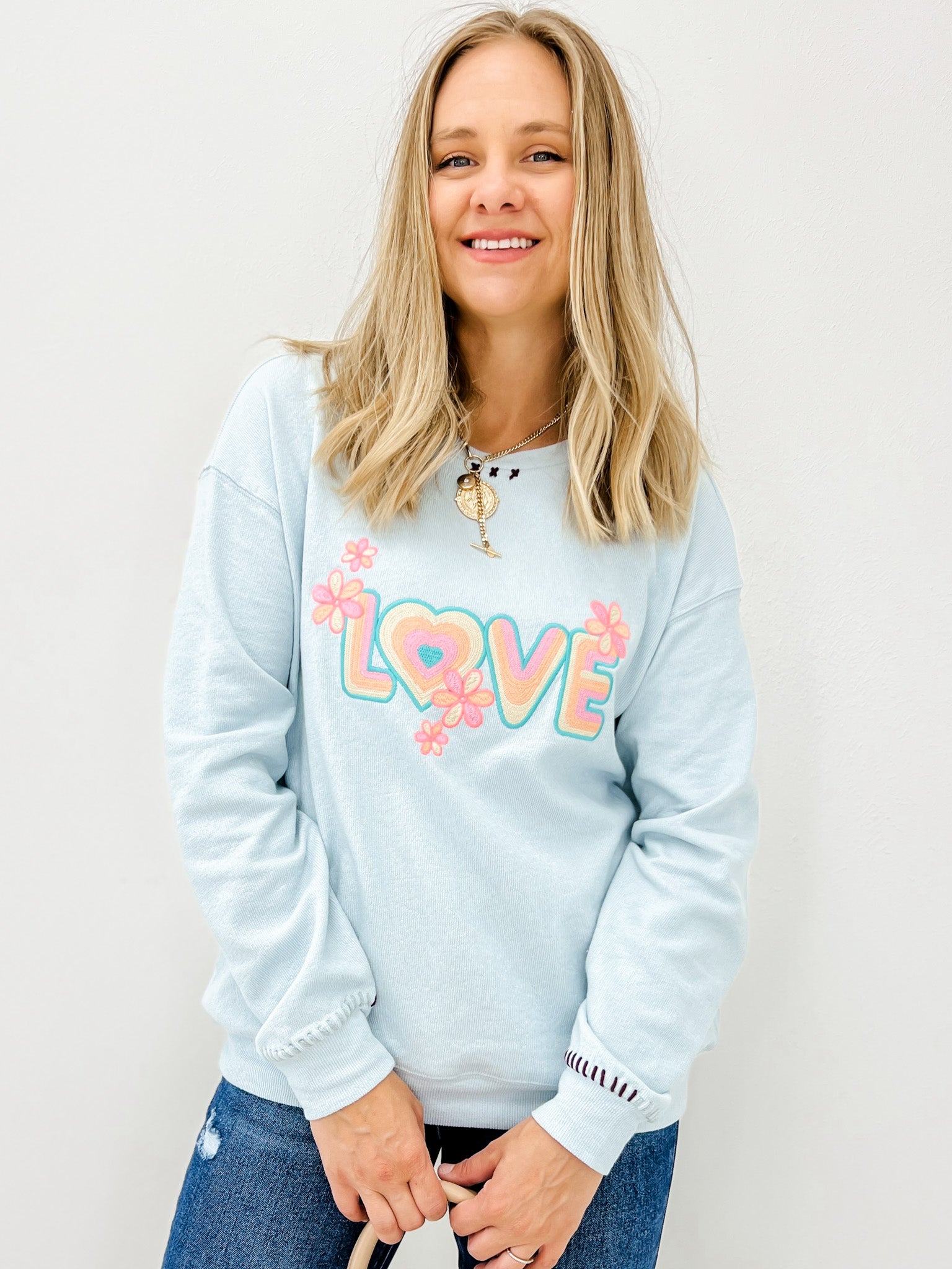 Long Sleeve Love Embroidery Pullover Top