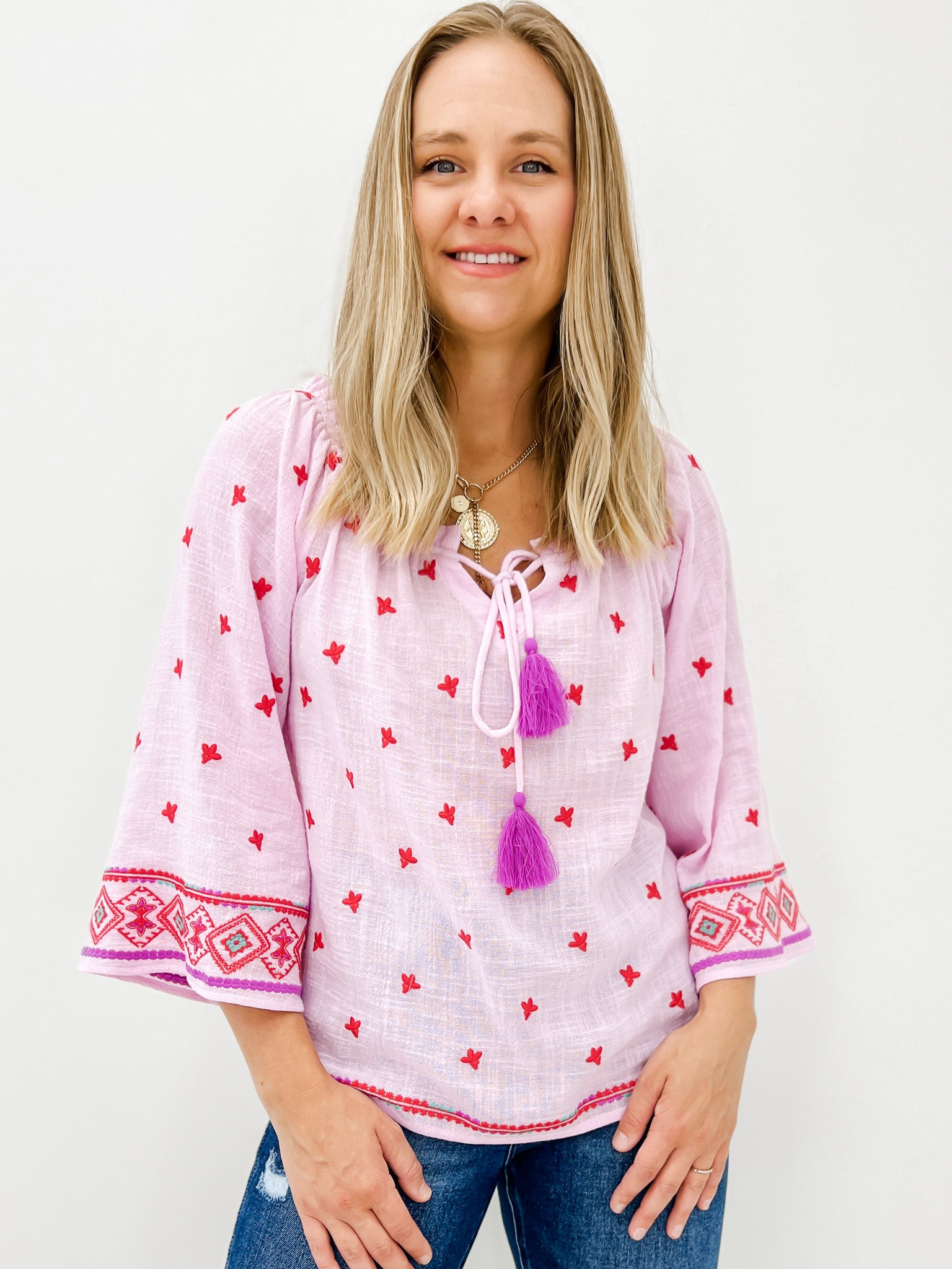 Wide Long Sleeve Cotton Gauze Embroidered Top