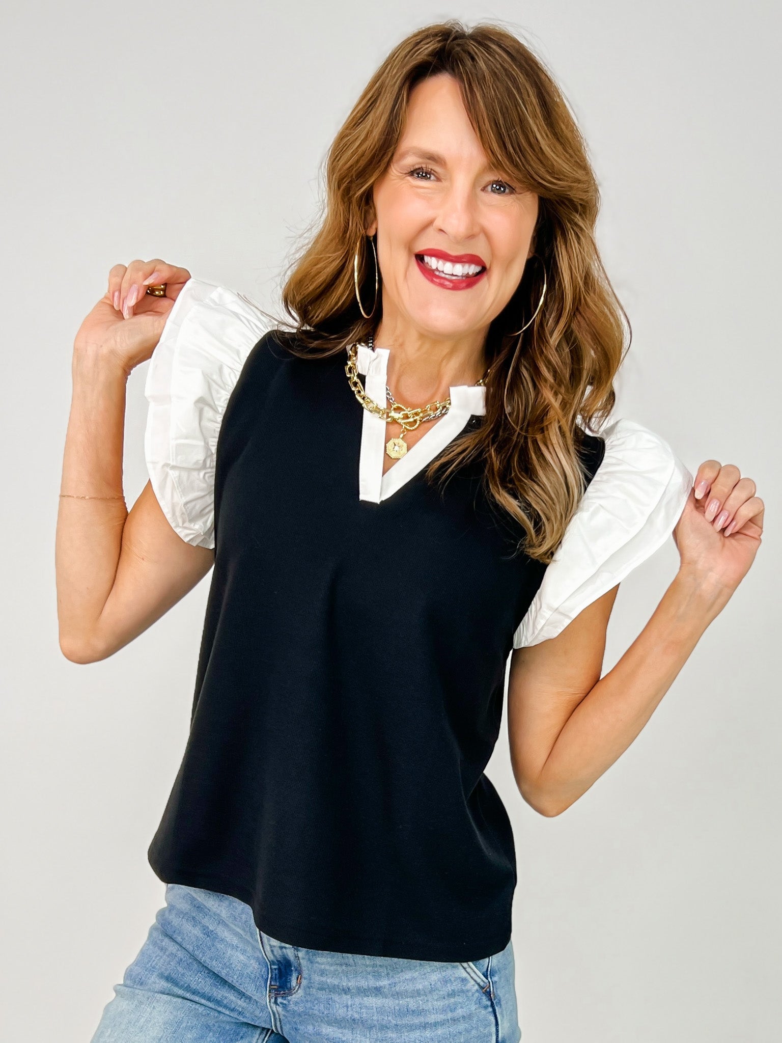 Mix Media Contrast Ruffled Knit Top