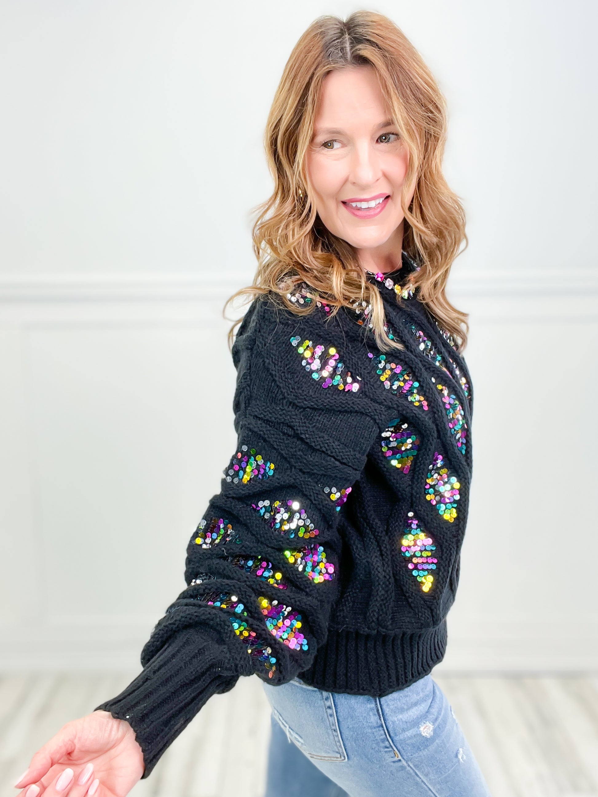 Shine Like A Diamond Sequin Cable Knit Sweater Top