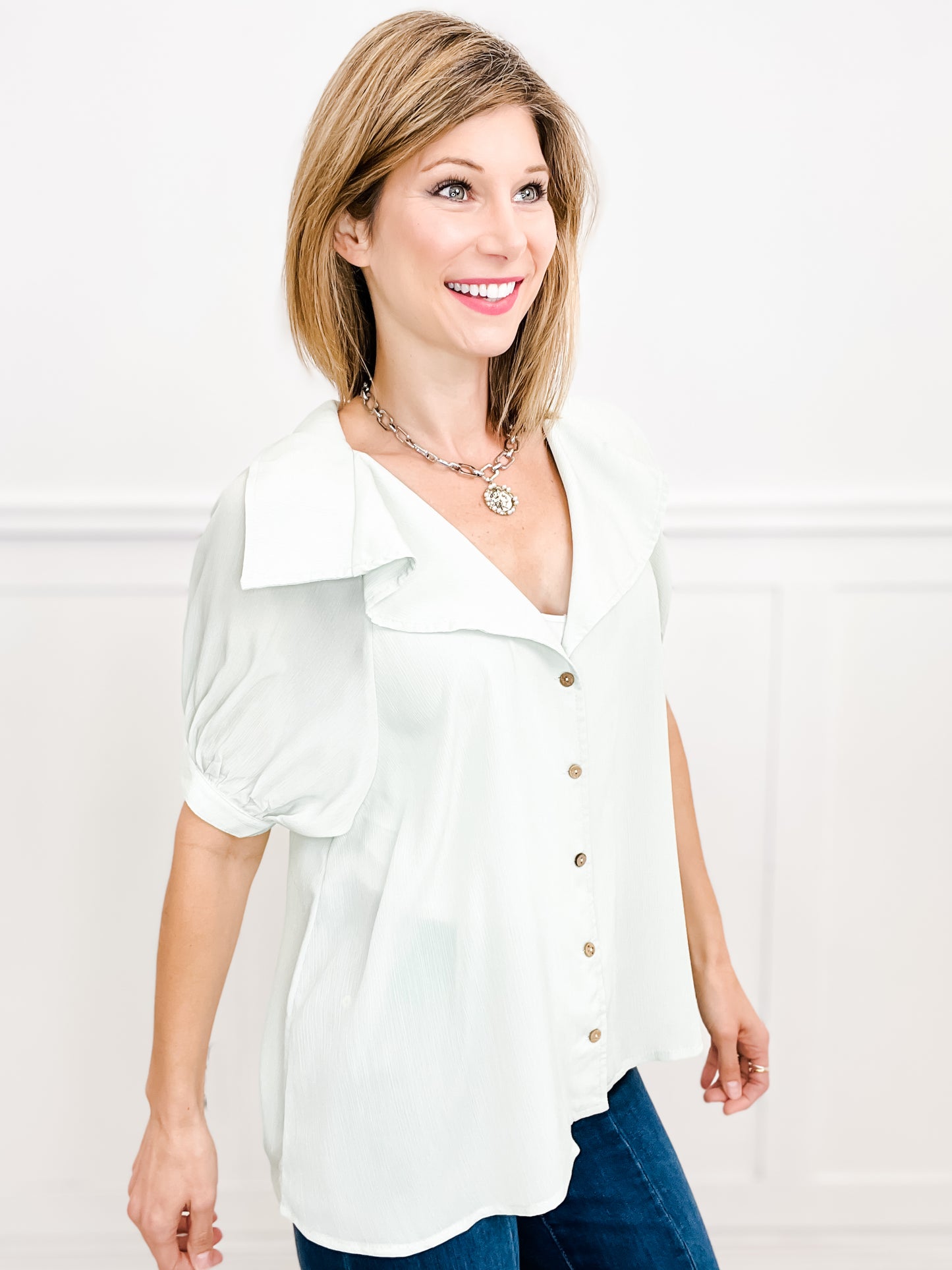 Button Down Top with Puff Sleeves and Ruffled Collar