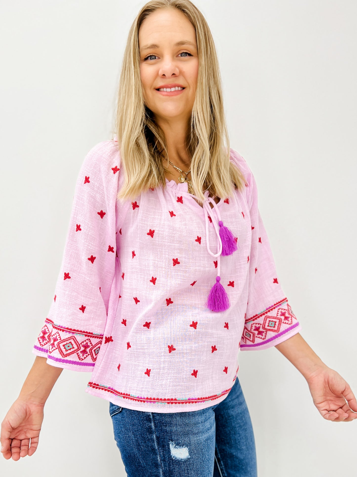 Wide Long Sleeve Cotton Gauze Embroidered Top