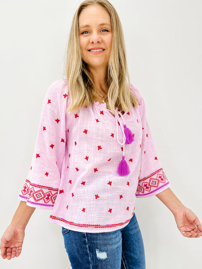 Wide Long Sleeve Cotton Gauze Embroidered Top