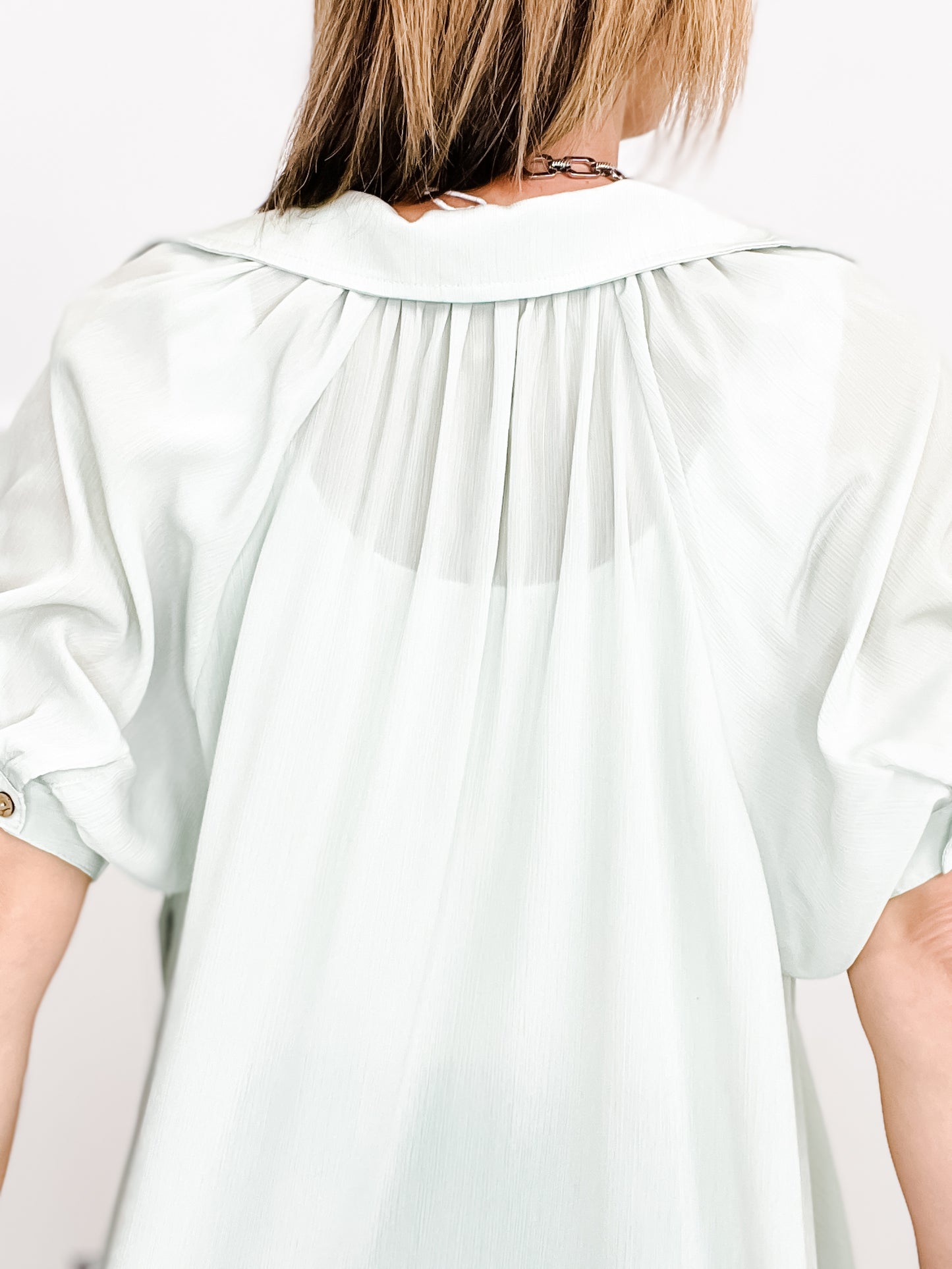 Button Down Top with Puff Sleeves and Ruffled Collar