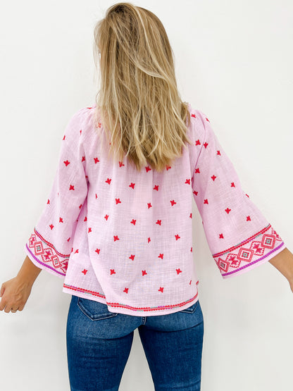 Wide Long Sleeve Cotton Gauze Embroidered Top