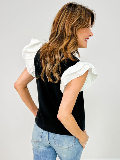 Mix Media Contrast Ruffled Knit Top