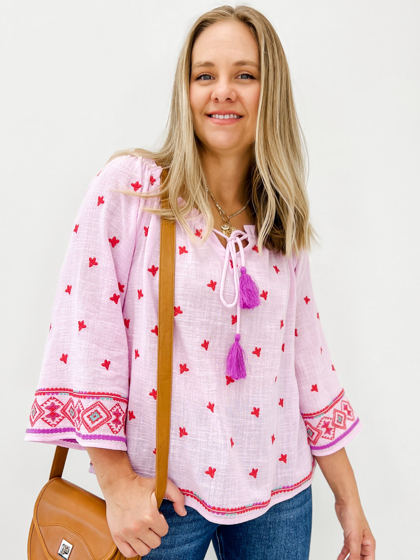 Wide Long Sleeve Cotton Gauze Embroidered Top