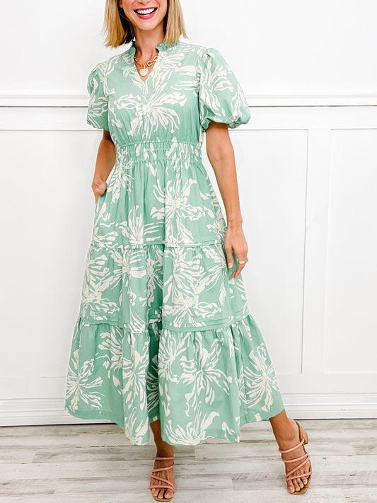 Celestial Charm Floral Print Smocked Waist Maxi Dress with Pockets