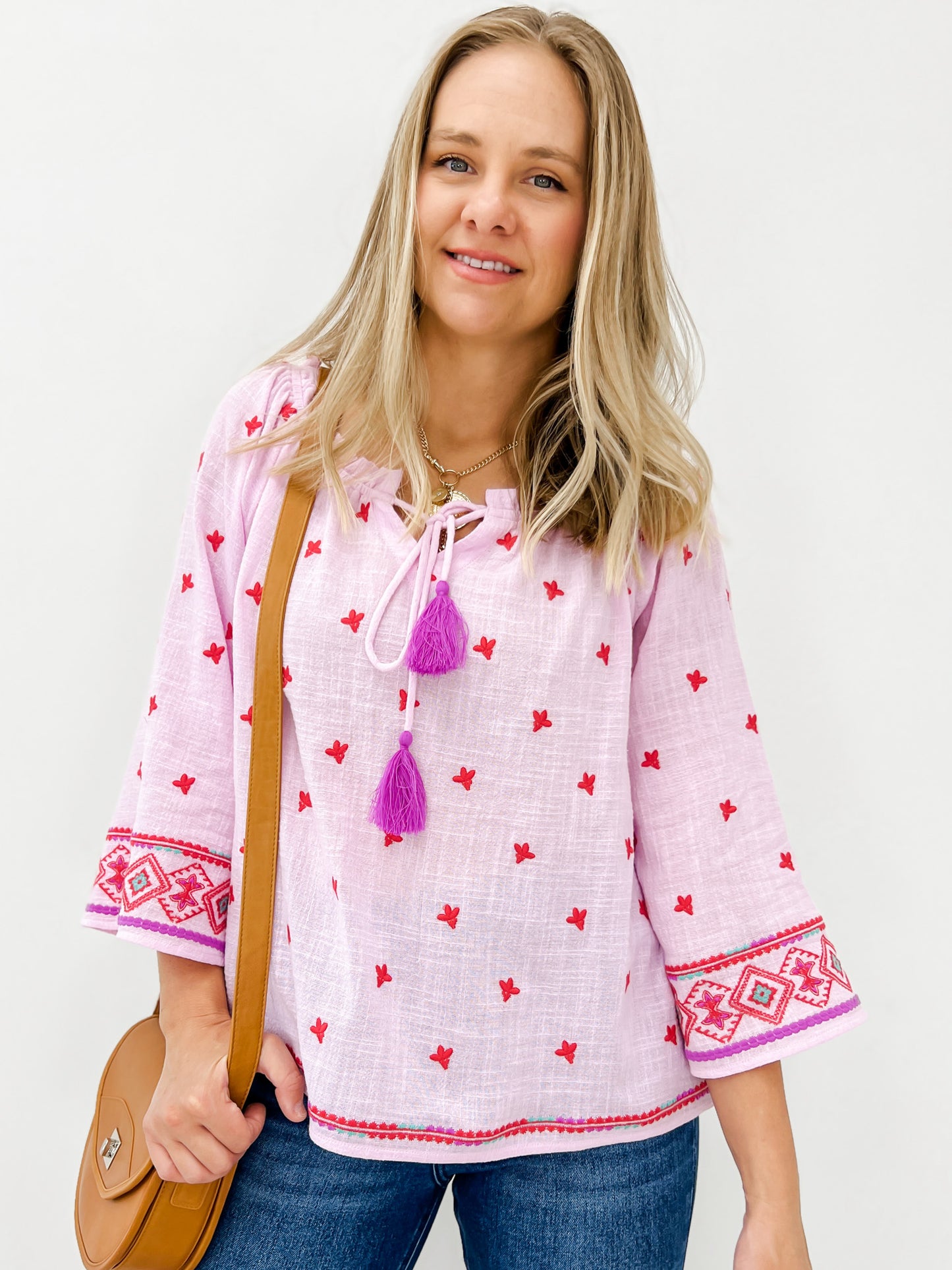 Wide Long Sleeve Cotton Gauze Embroidered Top