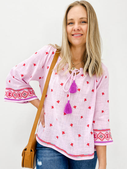 Wide Long Sleeve Cotton Gauze Embroidered Top