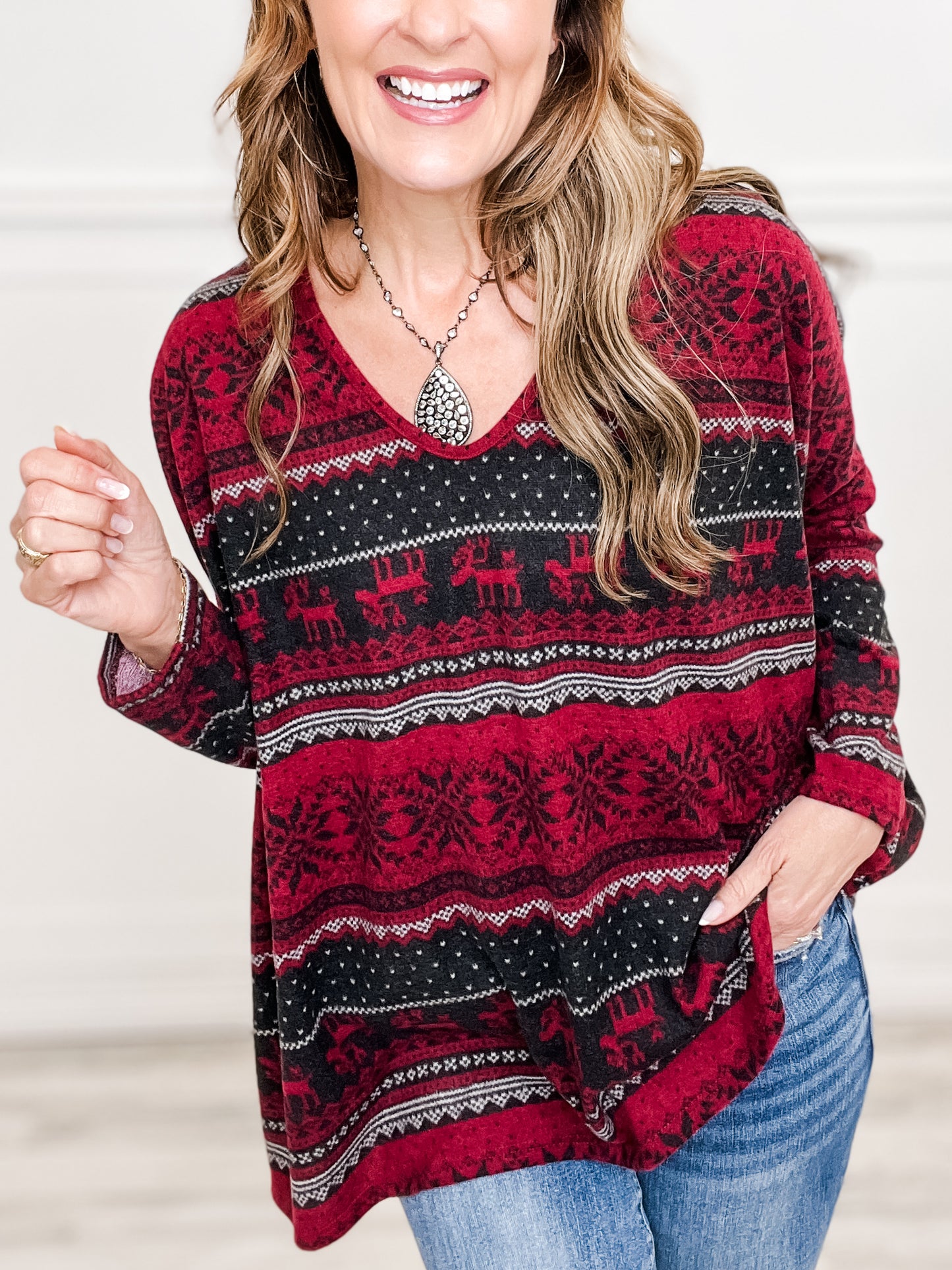 Dolman Long Sleeve Holiday Print V-Neck Top