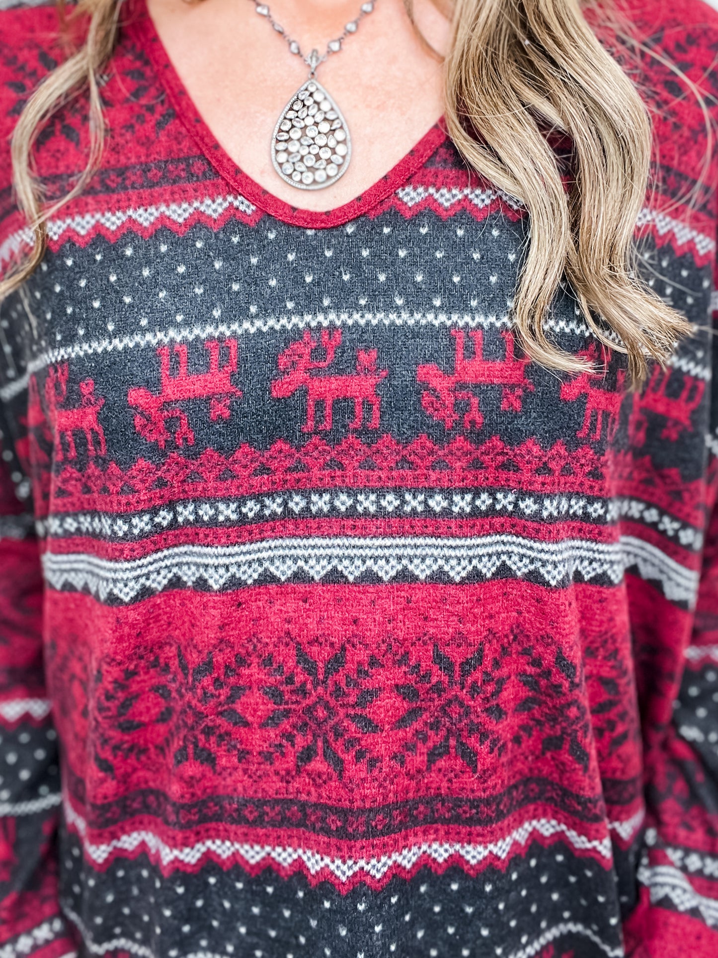 Dolman Long Sleeve Holiday Print V-Neck Top