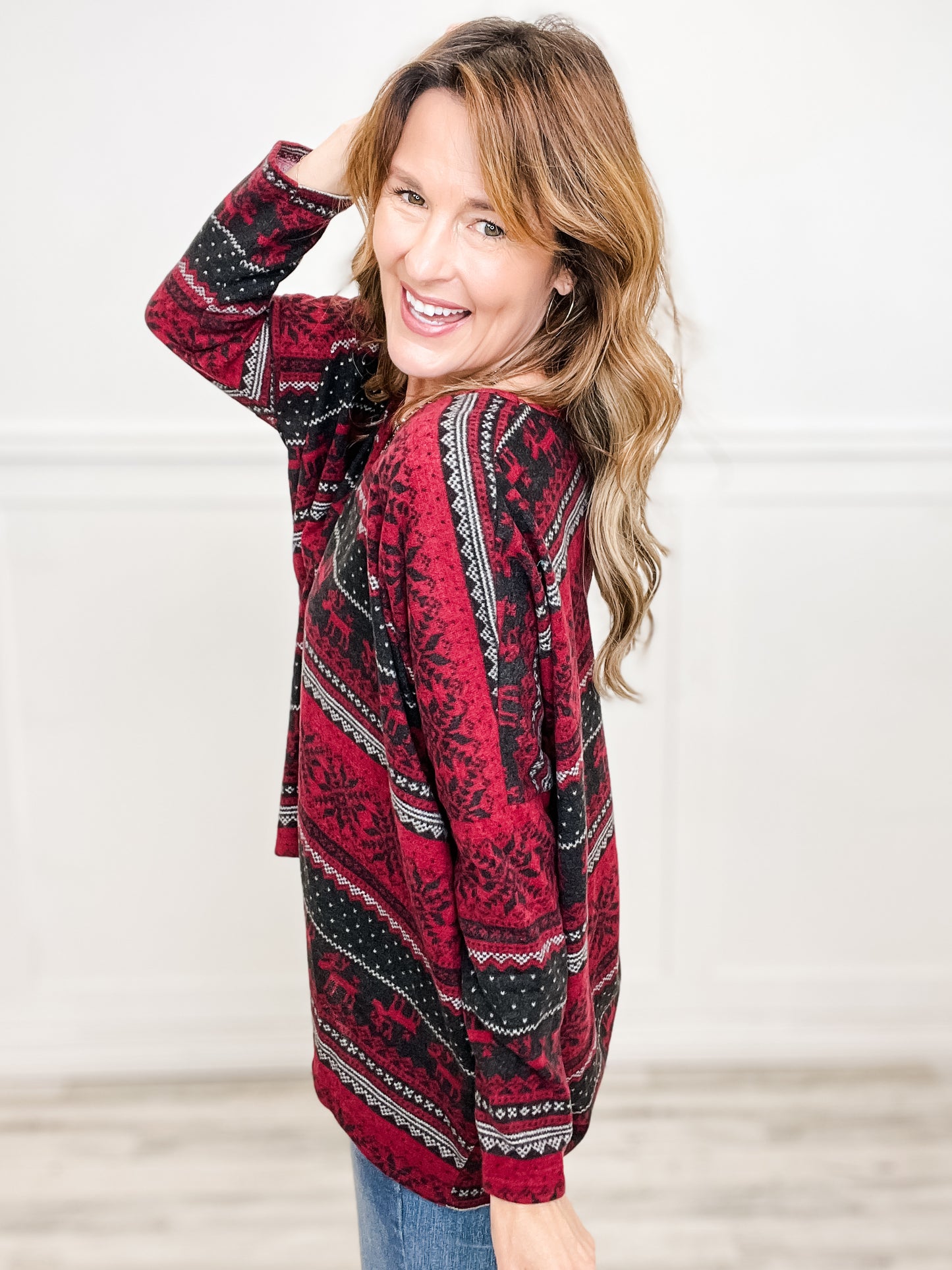 Dolman Long Sleeve Holiday Print V-Neck Top