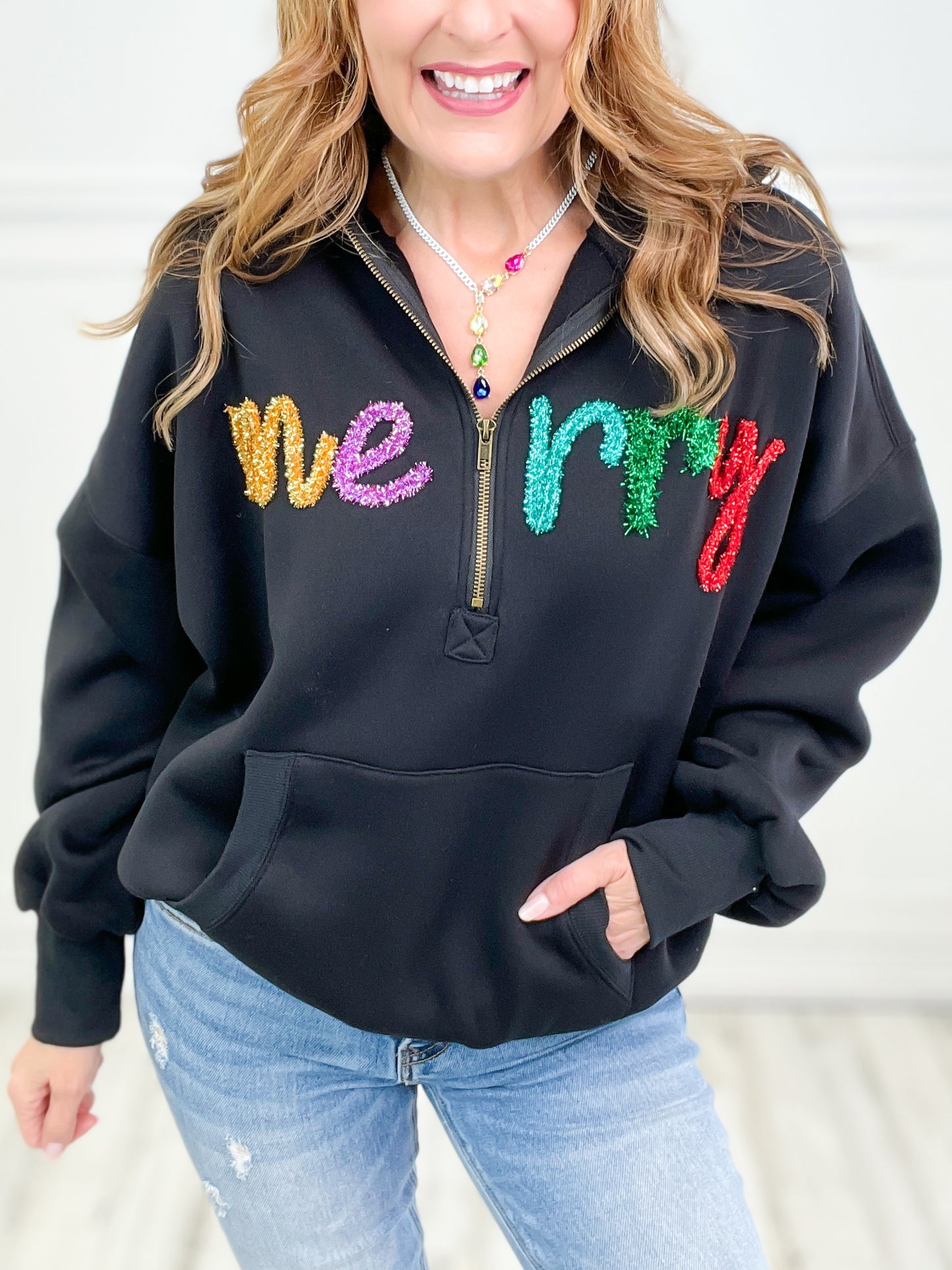 Cozy Christmas Merry Tinsel Lettering Half Zip Up Fleece Hoodie Top