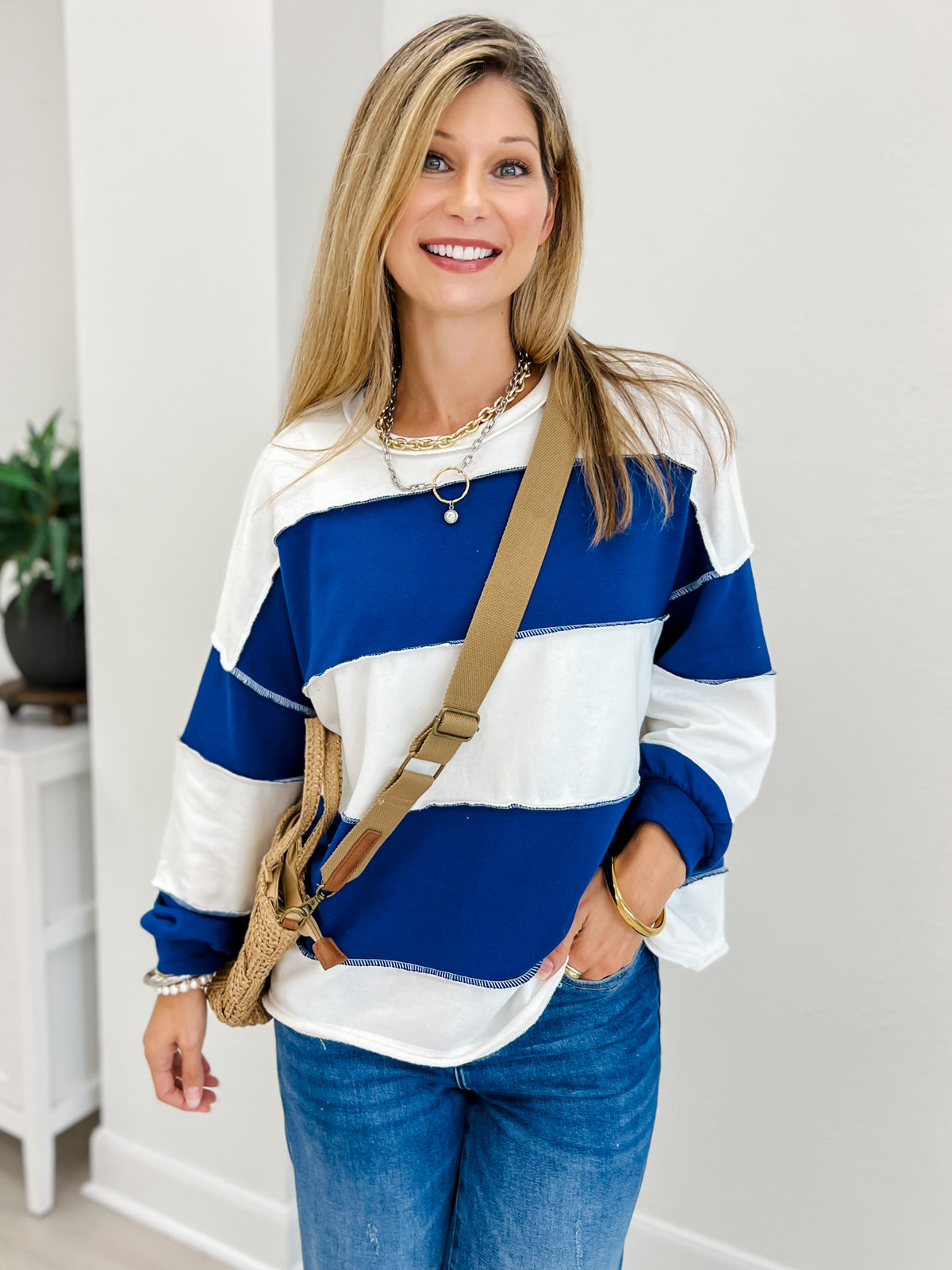 French Terry Color Block Top With Exposed Seam