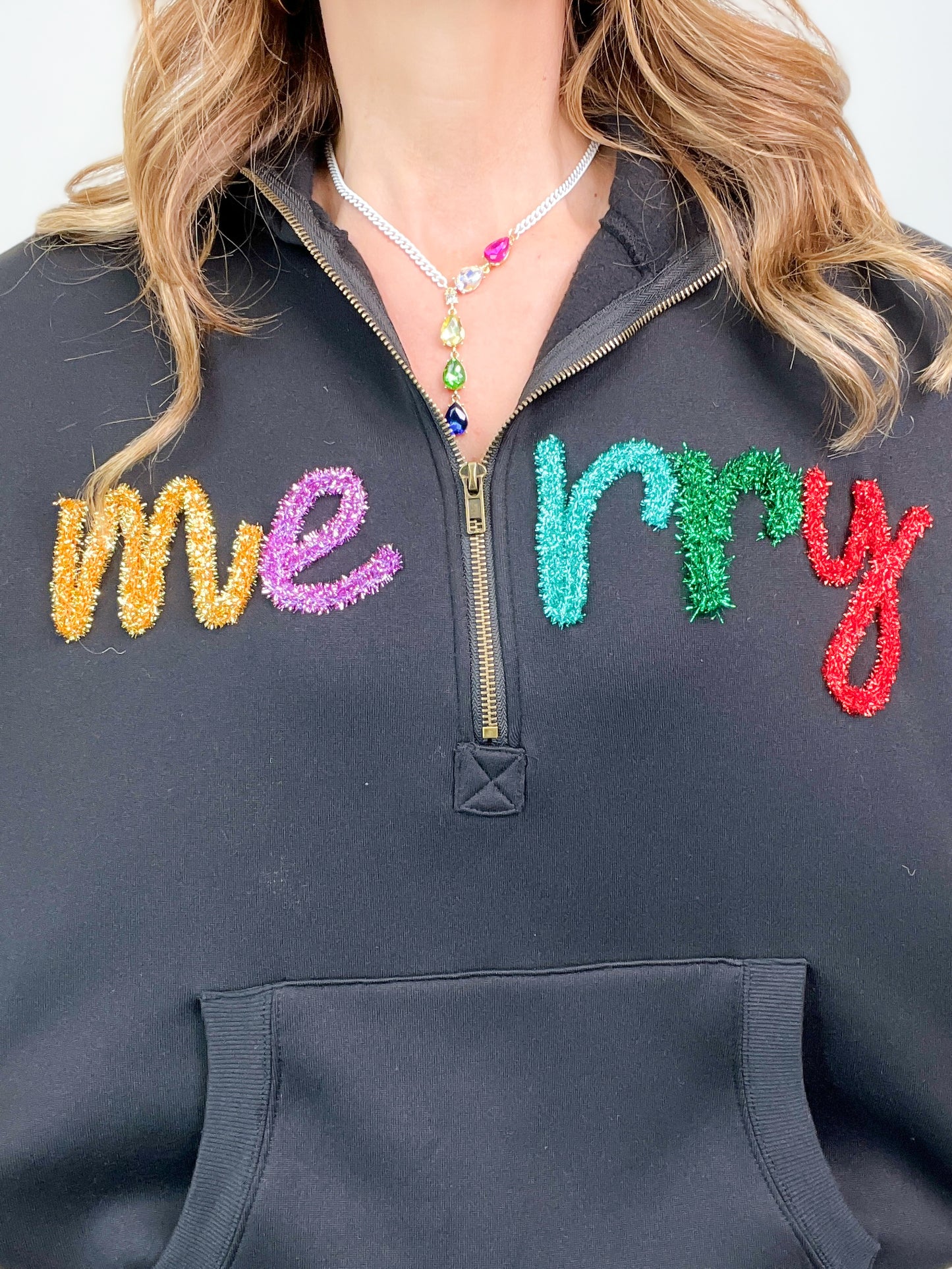 Cozy Christmas Merry Tinsel Lettering Half Zip Up Fleece Hoodie Top