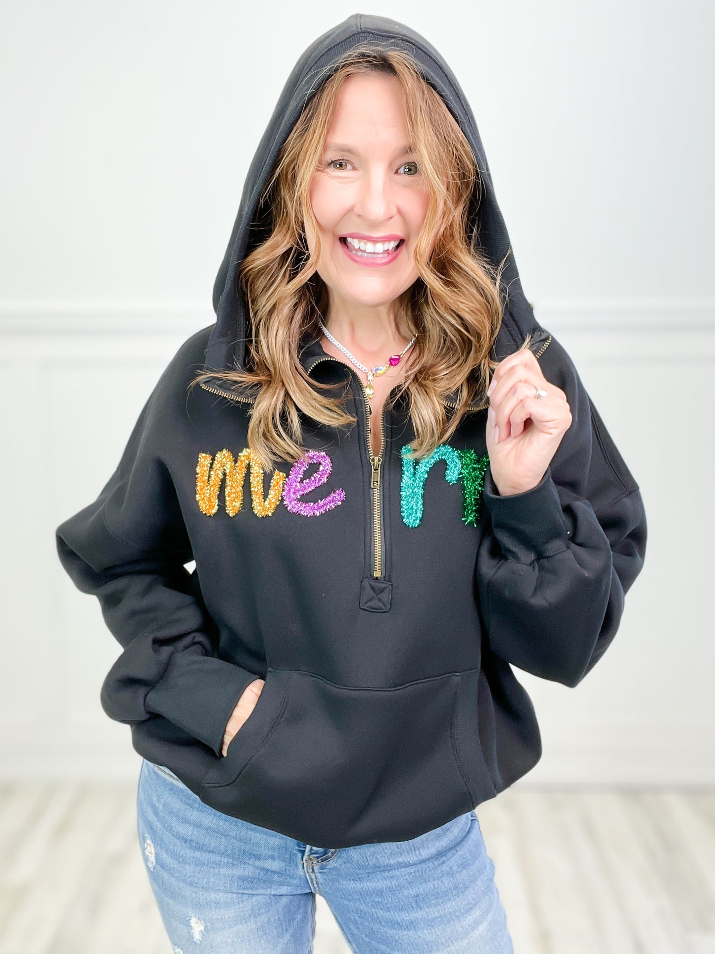 Cozy Christmas Merry Tinsel Lettering Half Zip Up Fleece Hoodie Top