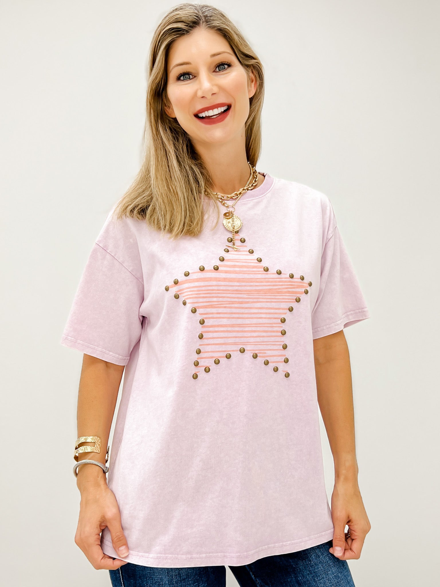 Short Sleeve Stud Star Print Mineral Wash Top