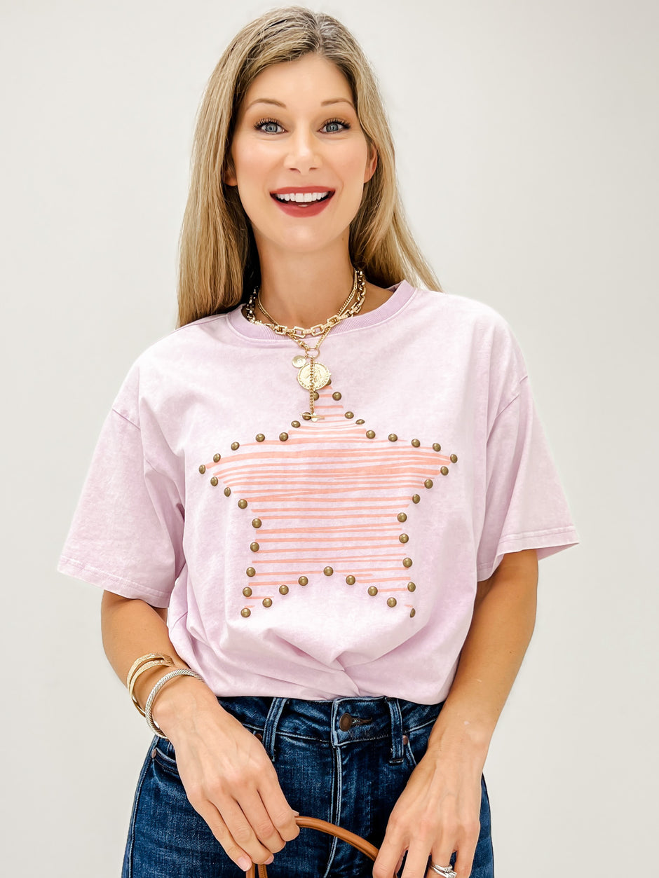 Short Sleeve Stud Star Print Mineral Wash Top