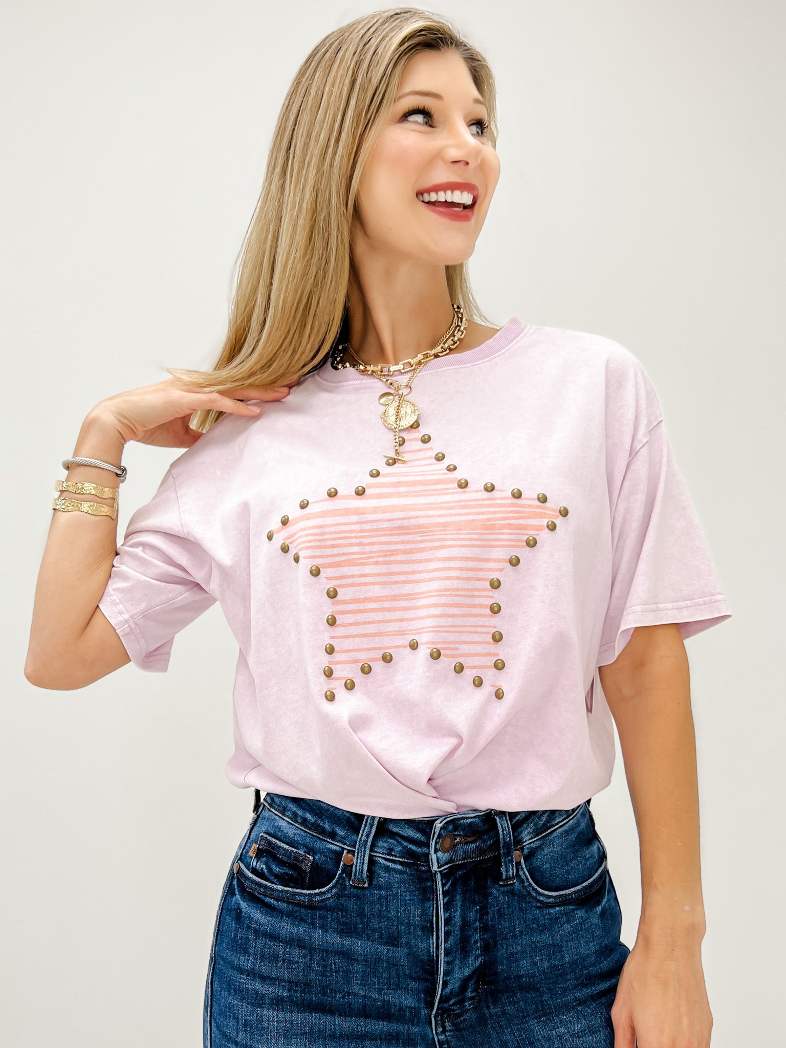 Short Sleeve Stud Star Print Mineral Wash Top