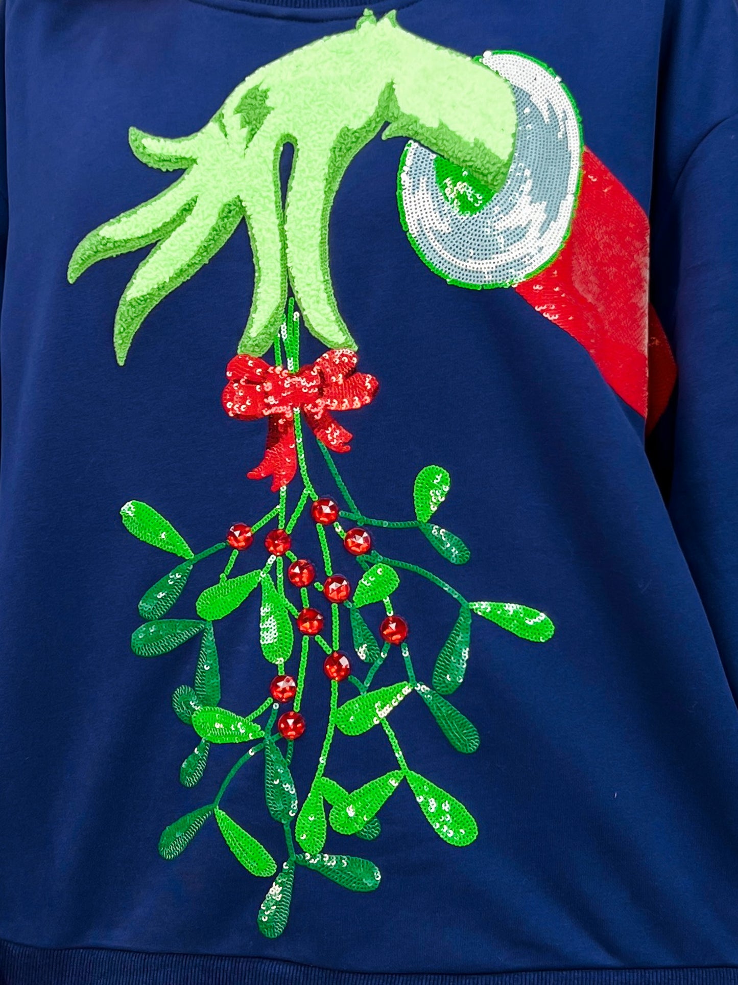 Queen of Sparkles Navy Grinch Mistletoe Hand Sweatshirt