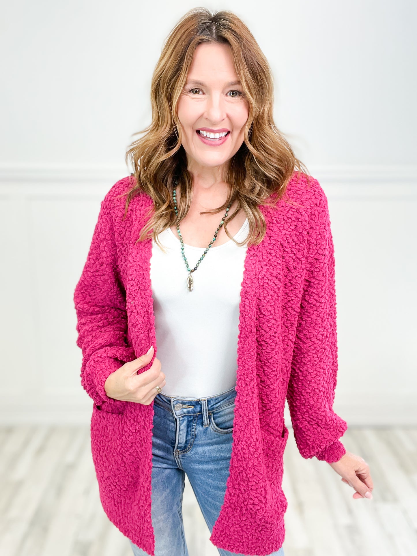 Popcorn Open Front Cardigan Sweater Top